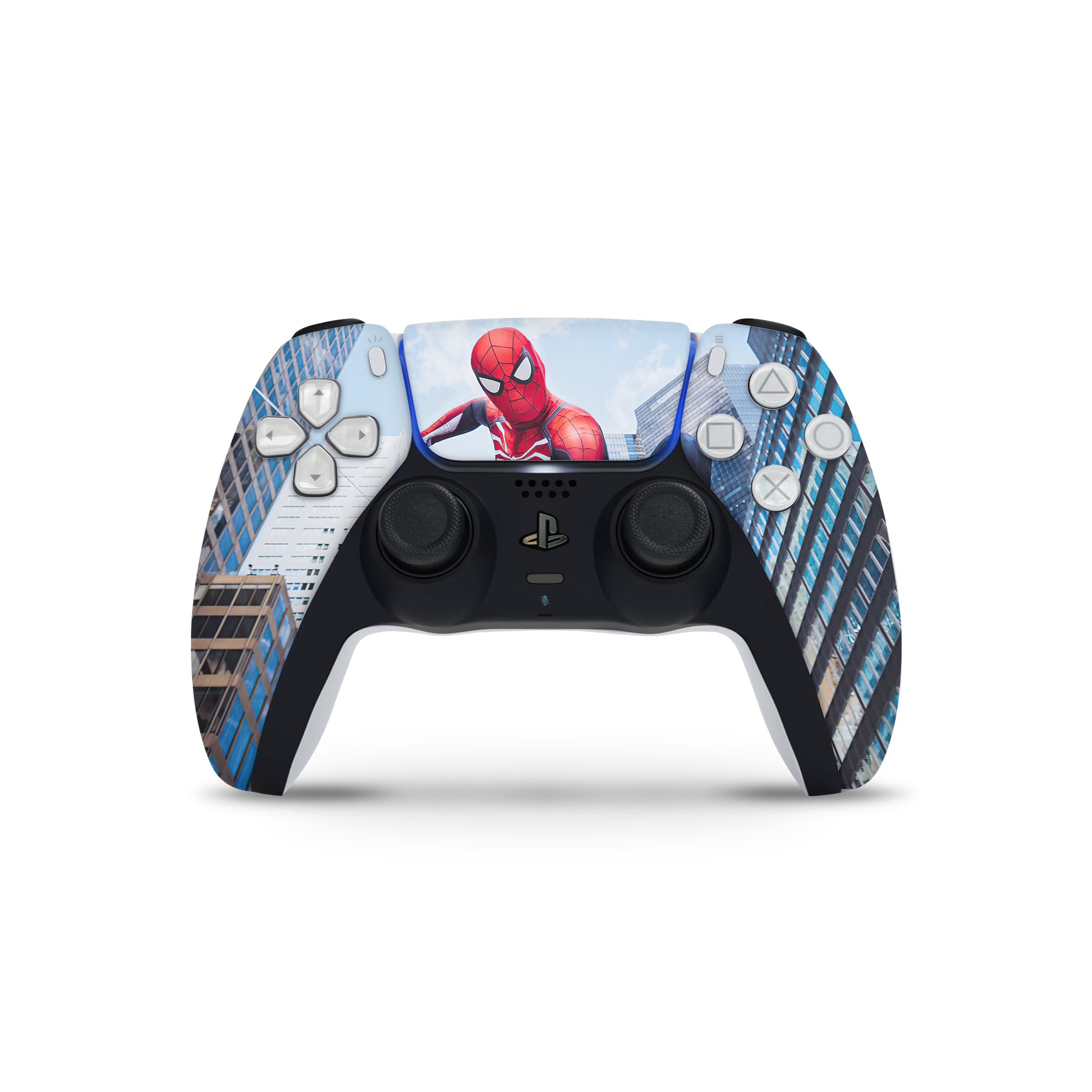 A video game skin featuring a Marvel Comics Spider Man design for the PS5 DualSense Controller.