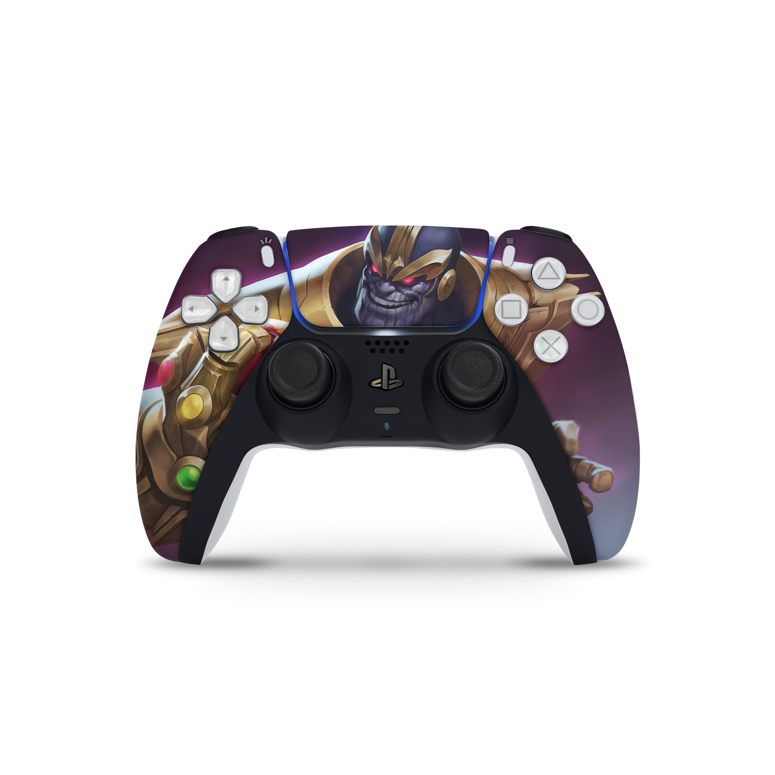 A video game skin featuring a Marvel Comics Thanos design for the PS5 DualSense Controller.