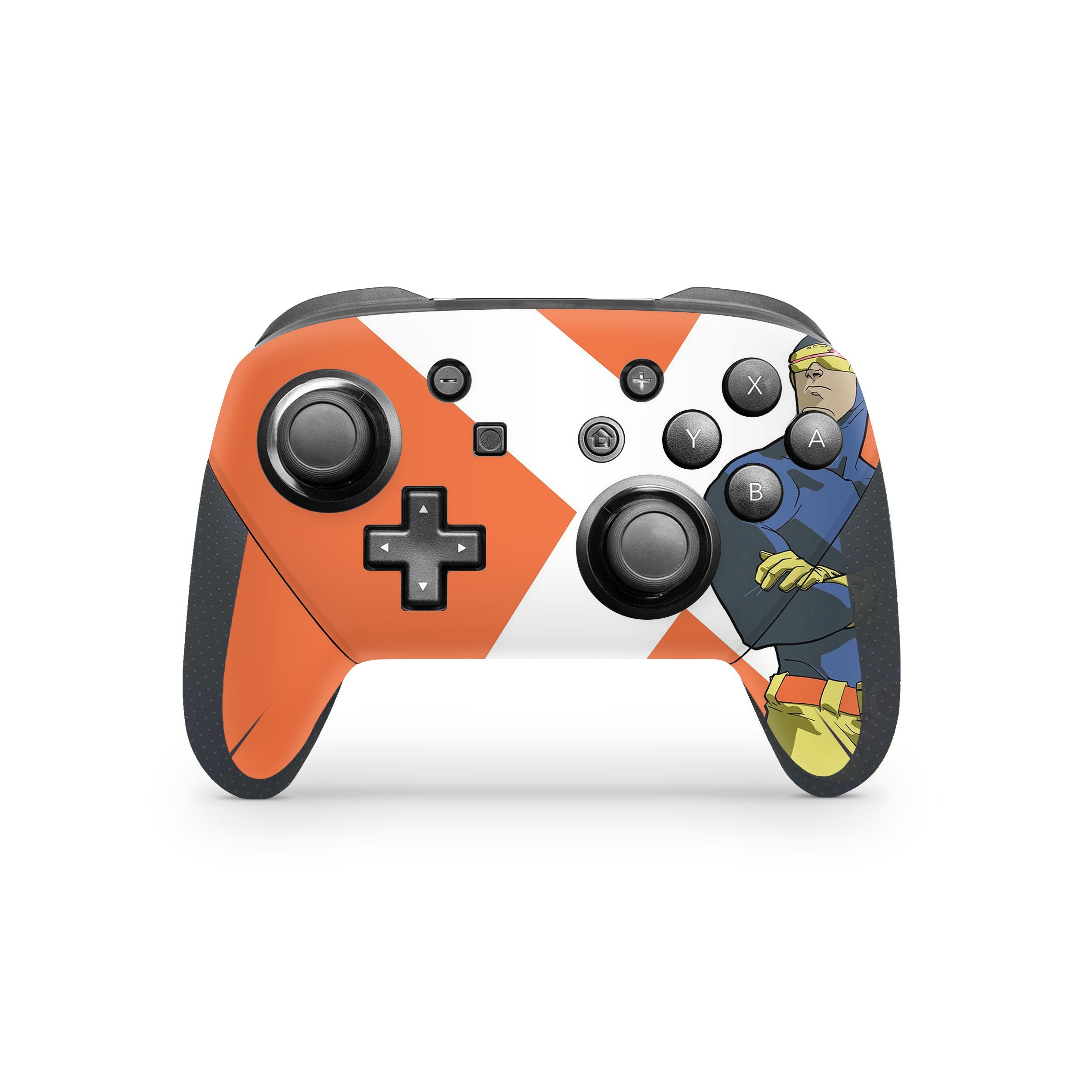 A video game skin featuring a Marvel Comics X Men Cyclops design for the Switch Pro Controller.