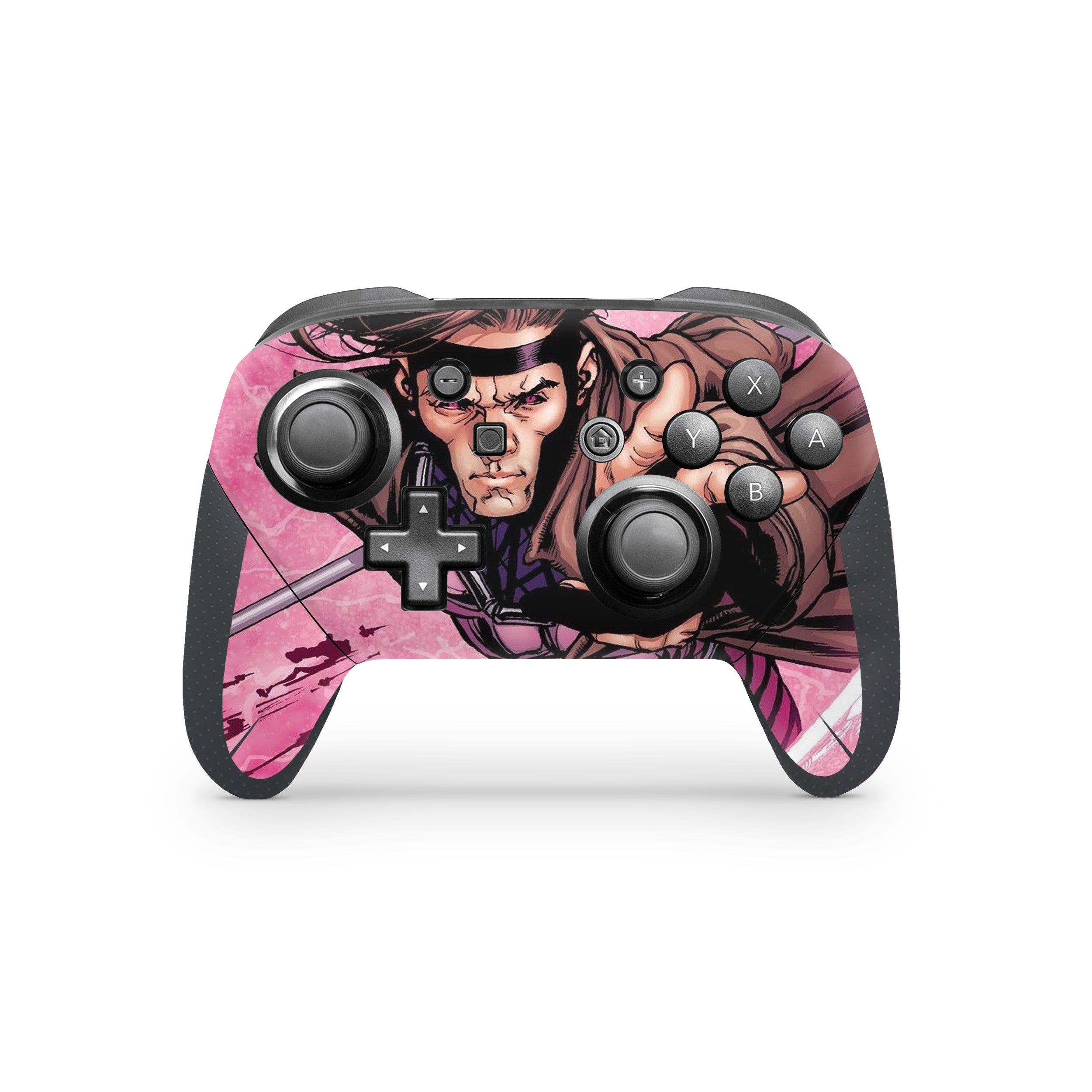 A video game skin featuring a Marvel Comics X Men Gambit design for the Switch Pro Controller.