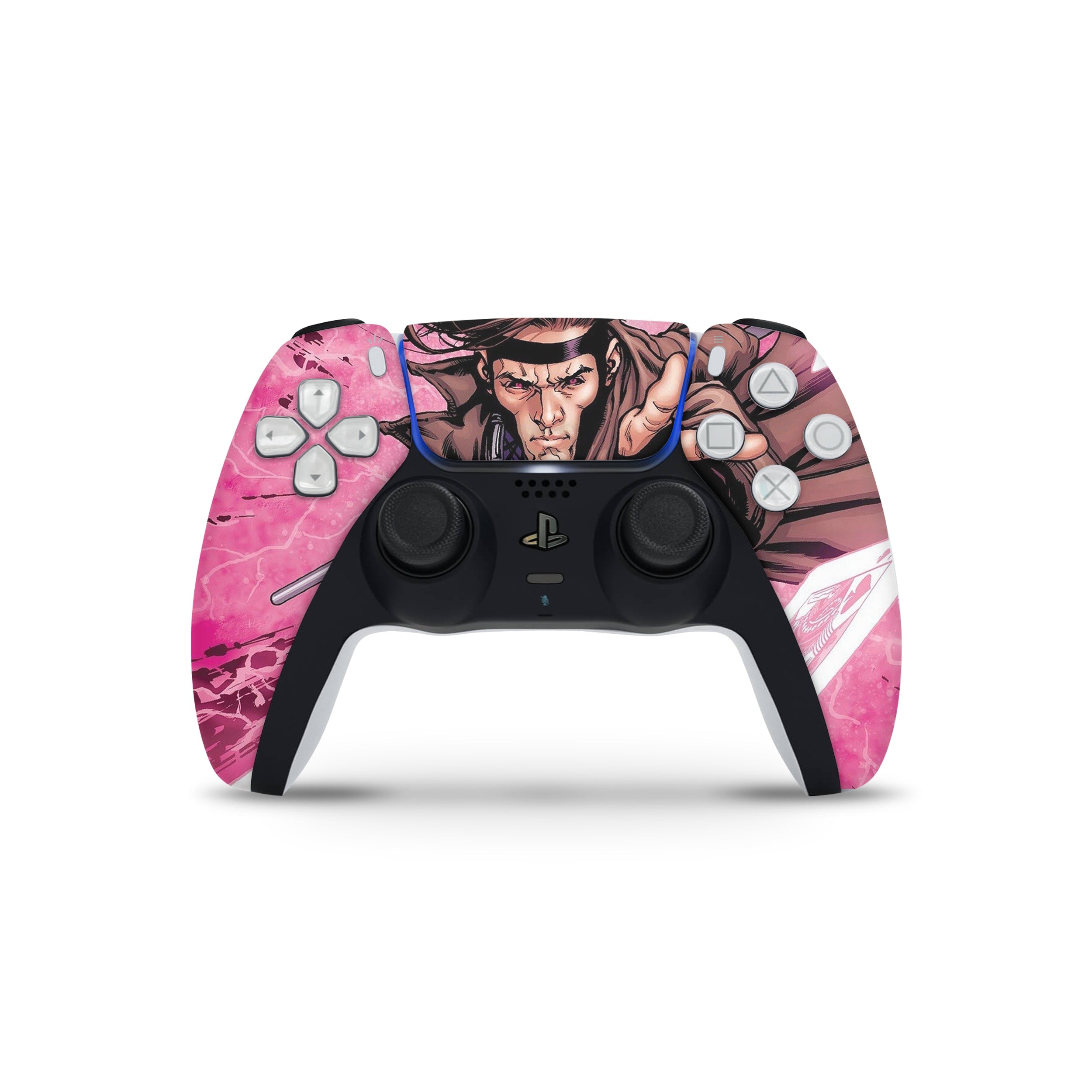 A video game skin featuring a Marvel Comics X Men Gambit design for the PS5 DualSense Controller.