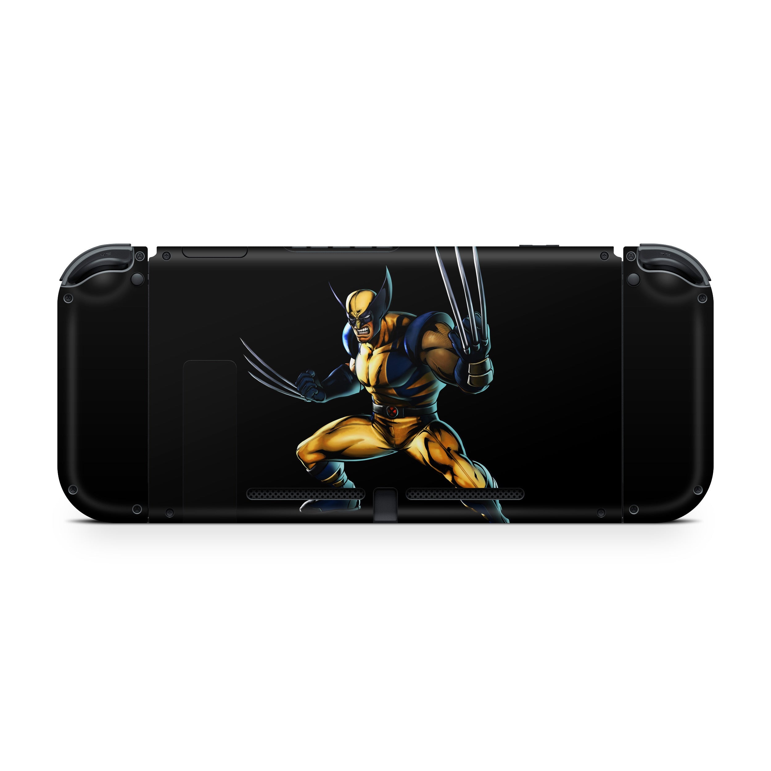 A video game skin featuring a Marvel Comics X Men Wolverine design for the Nintendo Switch.
