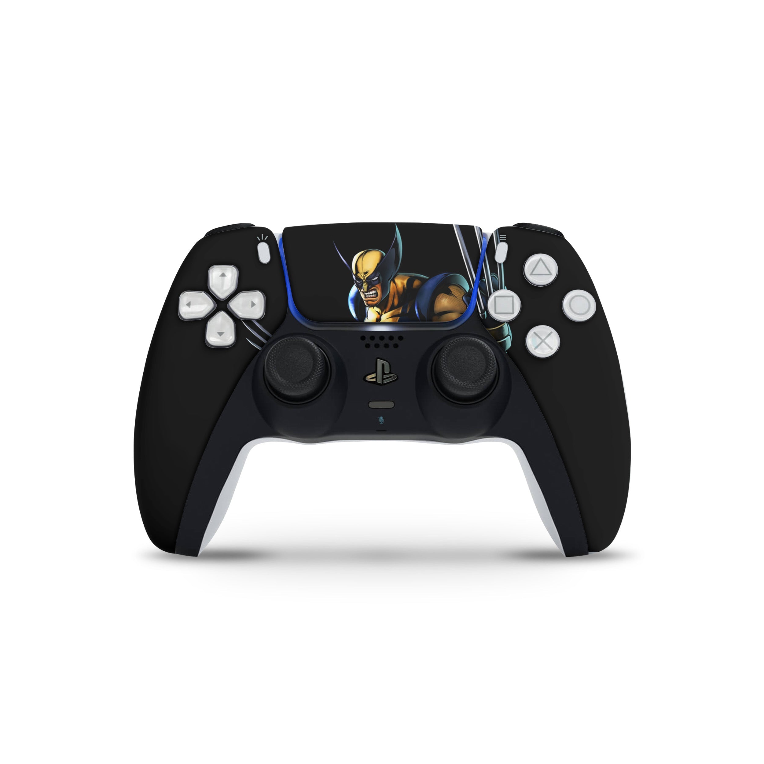 A video game skin featuring a Marvel Comics X Men Wolverine design for the PS5 DualSense Controller.