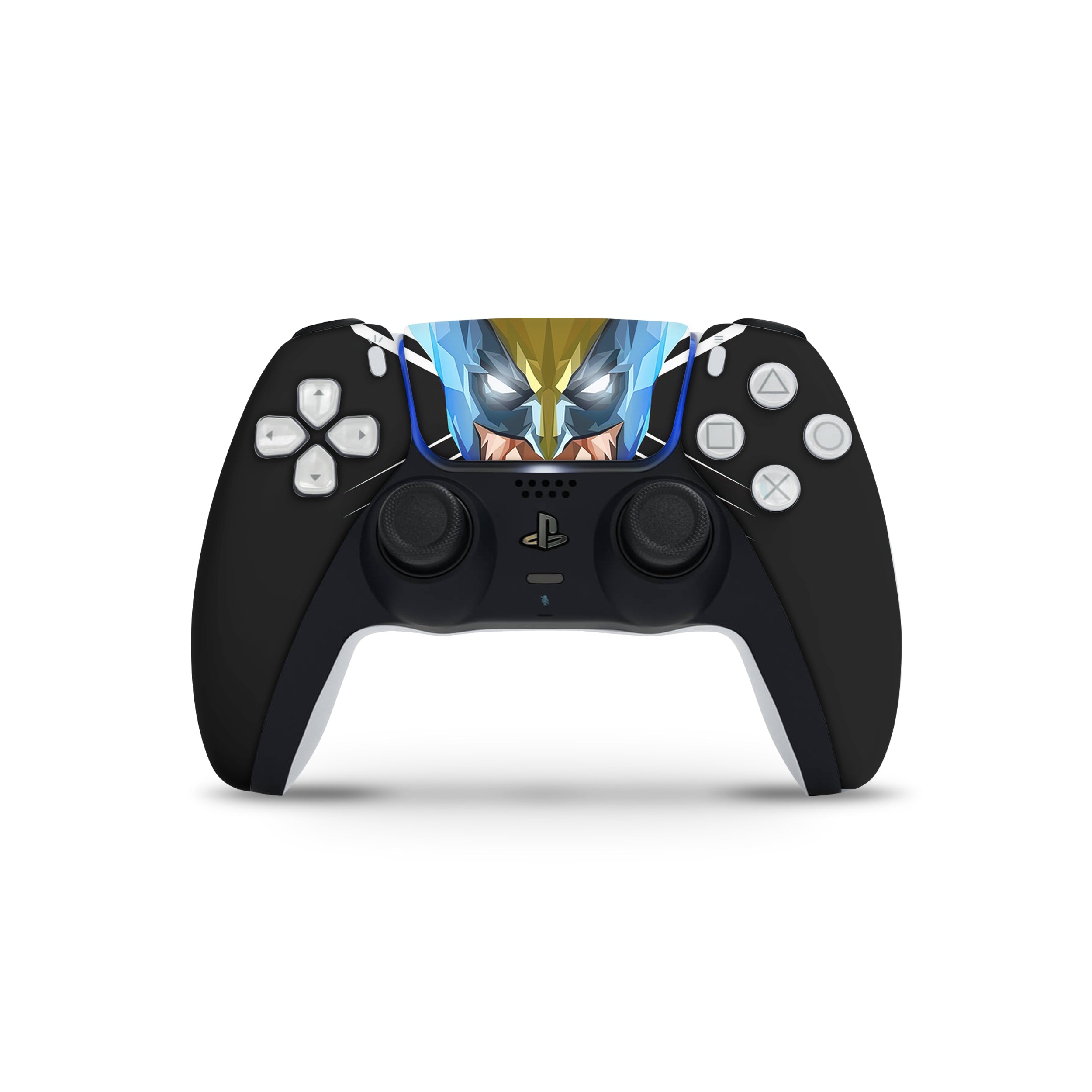 A video game skin featuring a Marvel Comics X Men Wolverine design for the PS5 DualSense Controller.