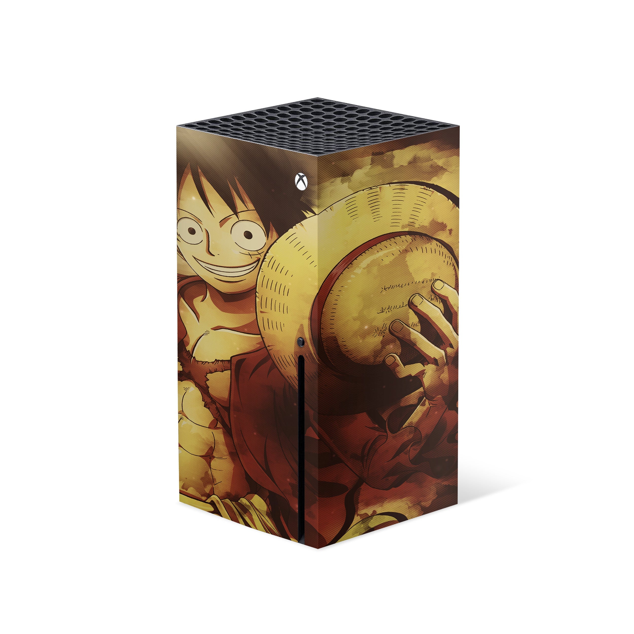 A video game skin featuring a One Piece Monkey D Luffy design for the Xbox Series X.