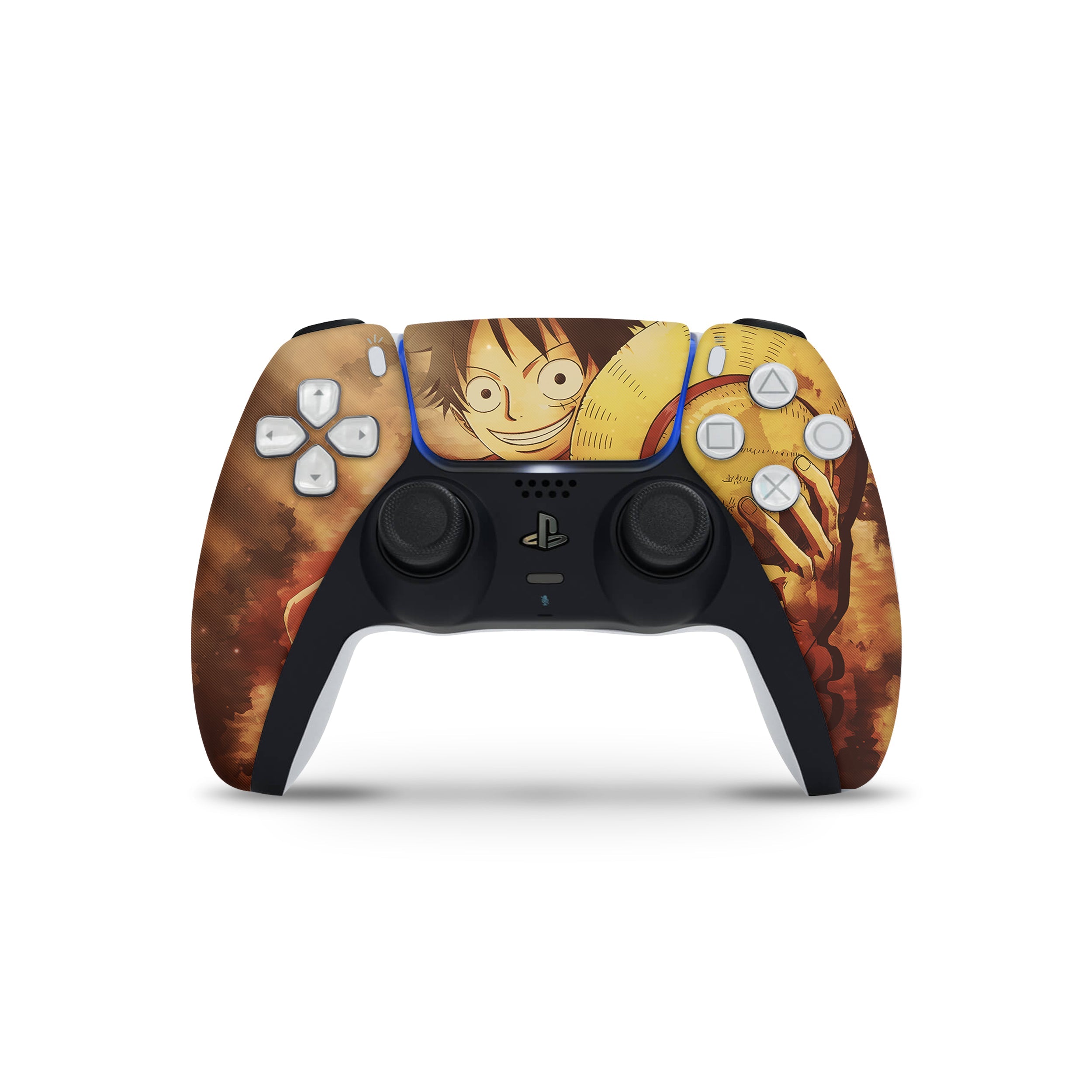 A video game skin featuring a One Piece Monkey D Luffy design for the PS5 DualSense Controller.