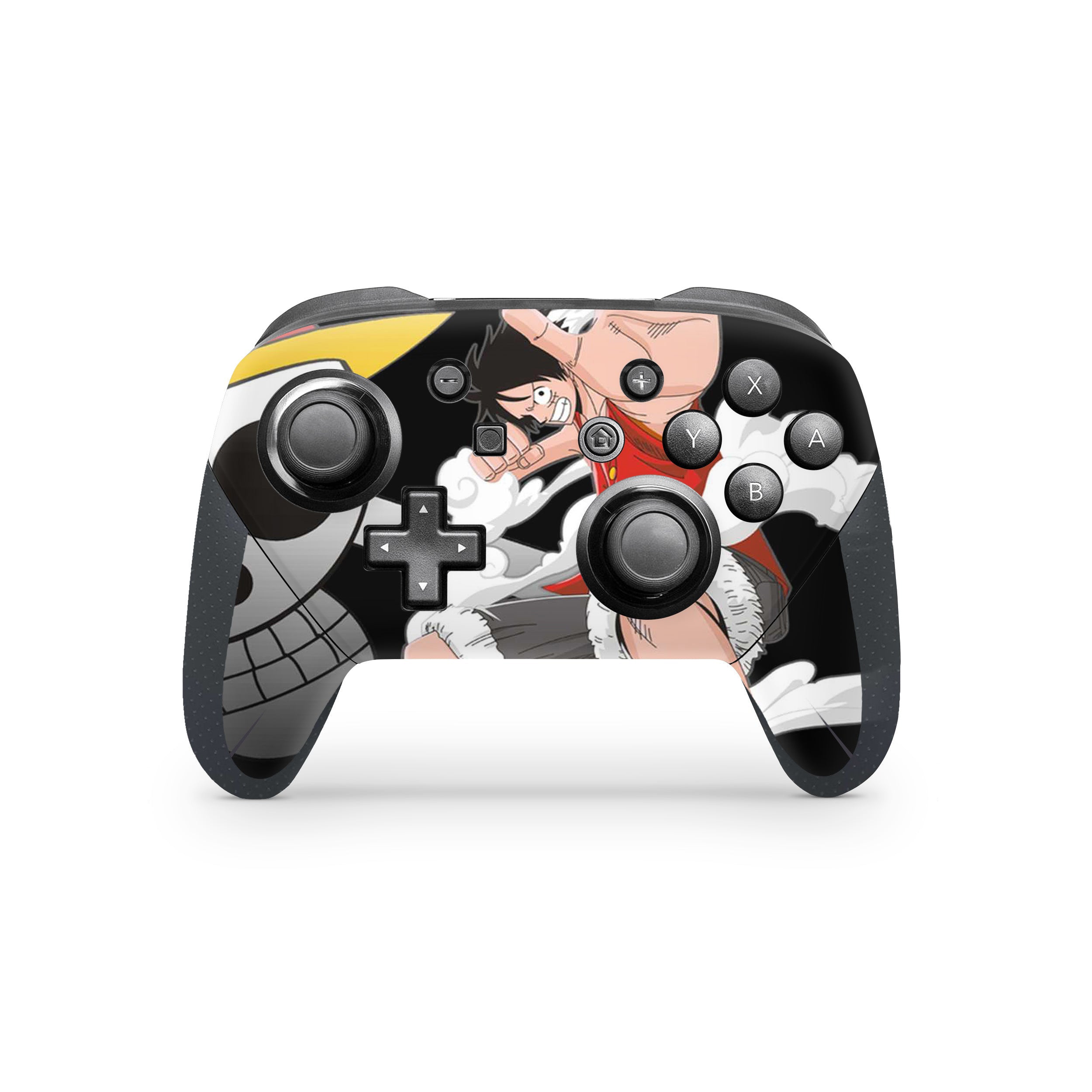 A video game skin featuring a One Piece Monkey D Luffy design for the Switch Pro Controller.