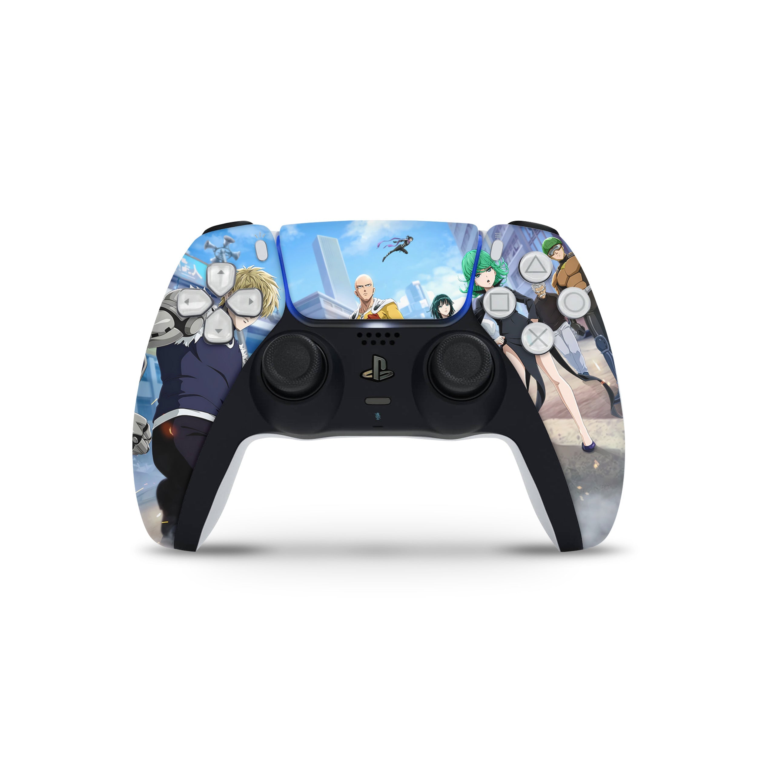 A video game skin featuring a One Punch Man design for the PS5 DualSense Controller.