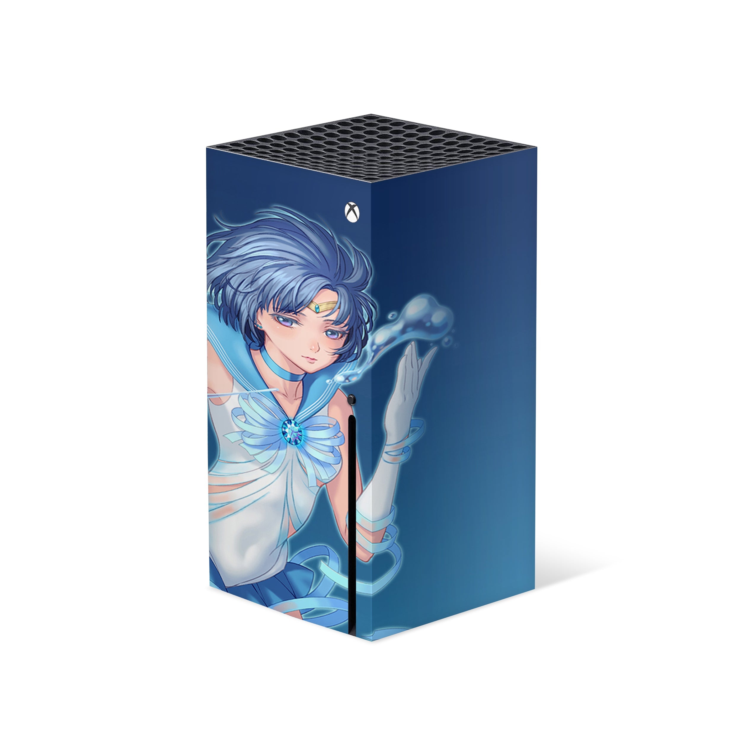 A video game skin featuring a Sailor Moon Mercury design for the Xbox Series X.