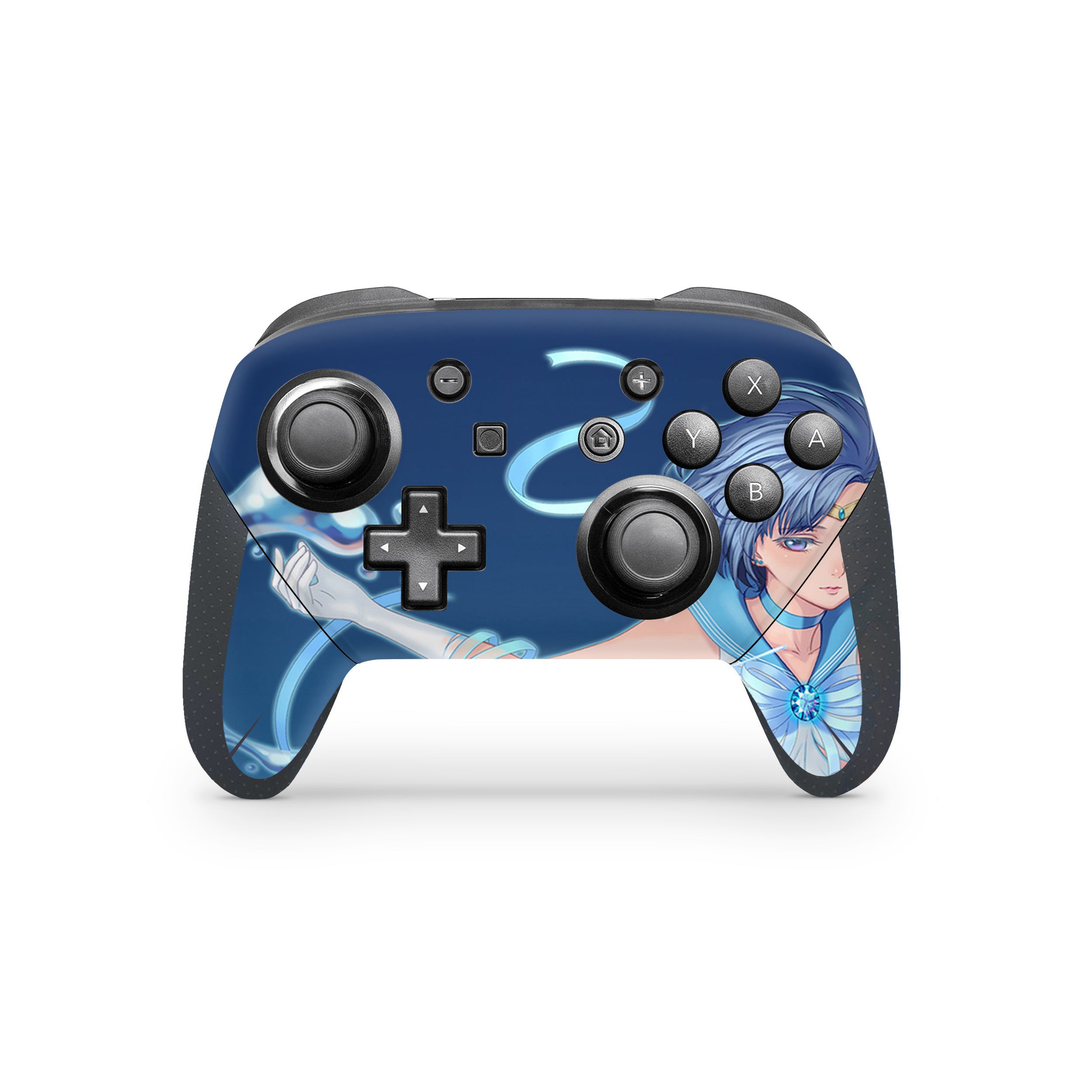 A video game skin featuring a Sailor Moon Mercury design for the Switch Pro Controller.