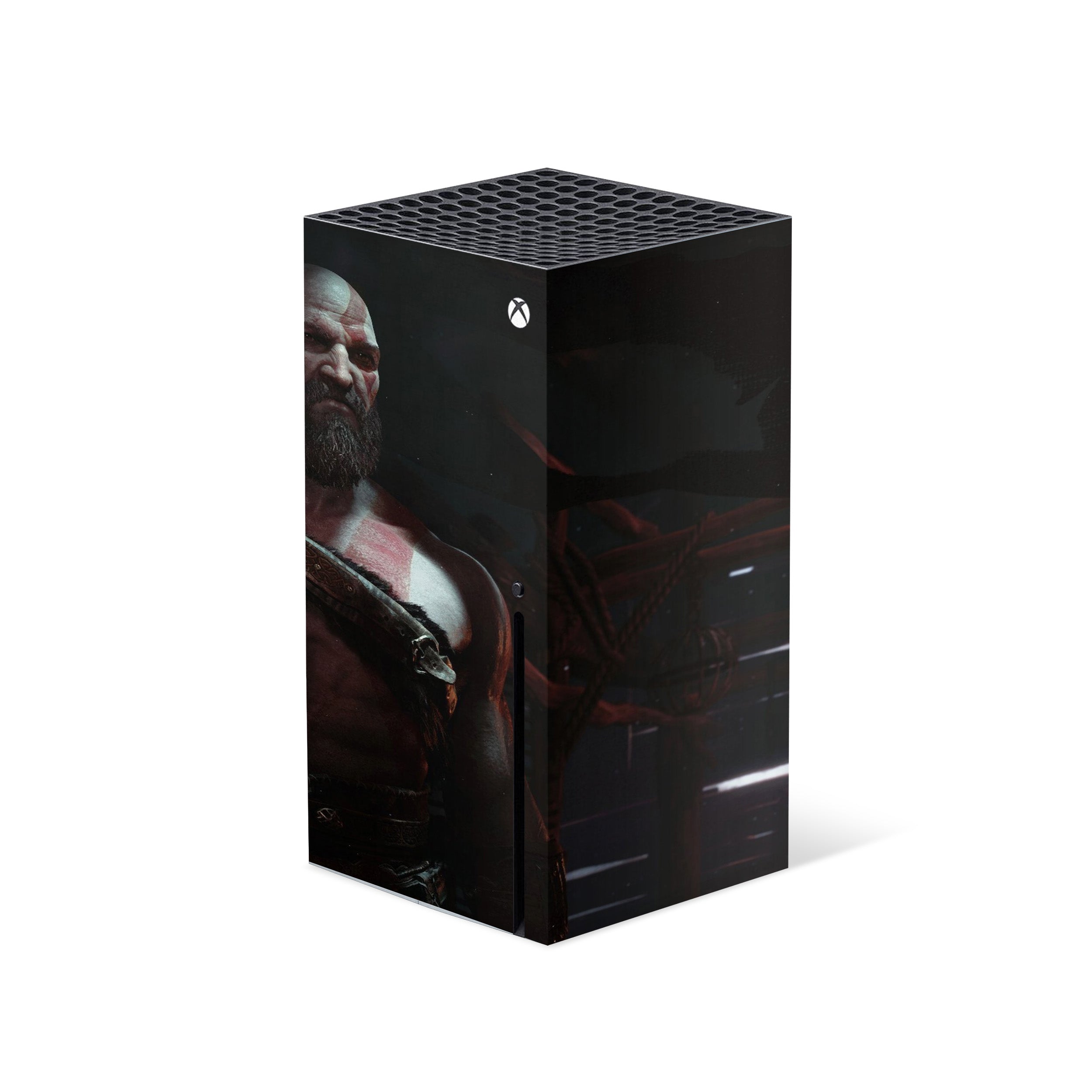 A video game skin featuring a God Of War design for the Xbox Series X.