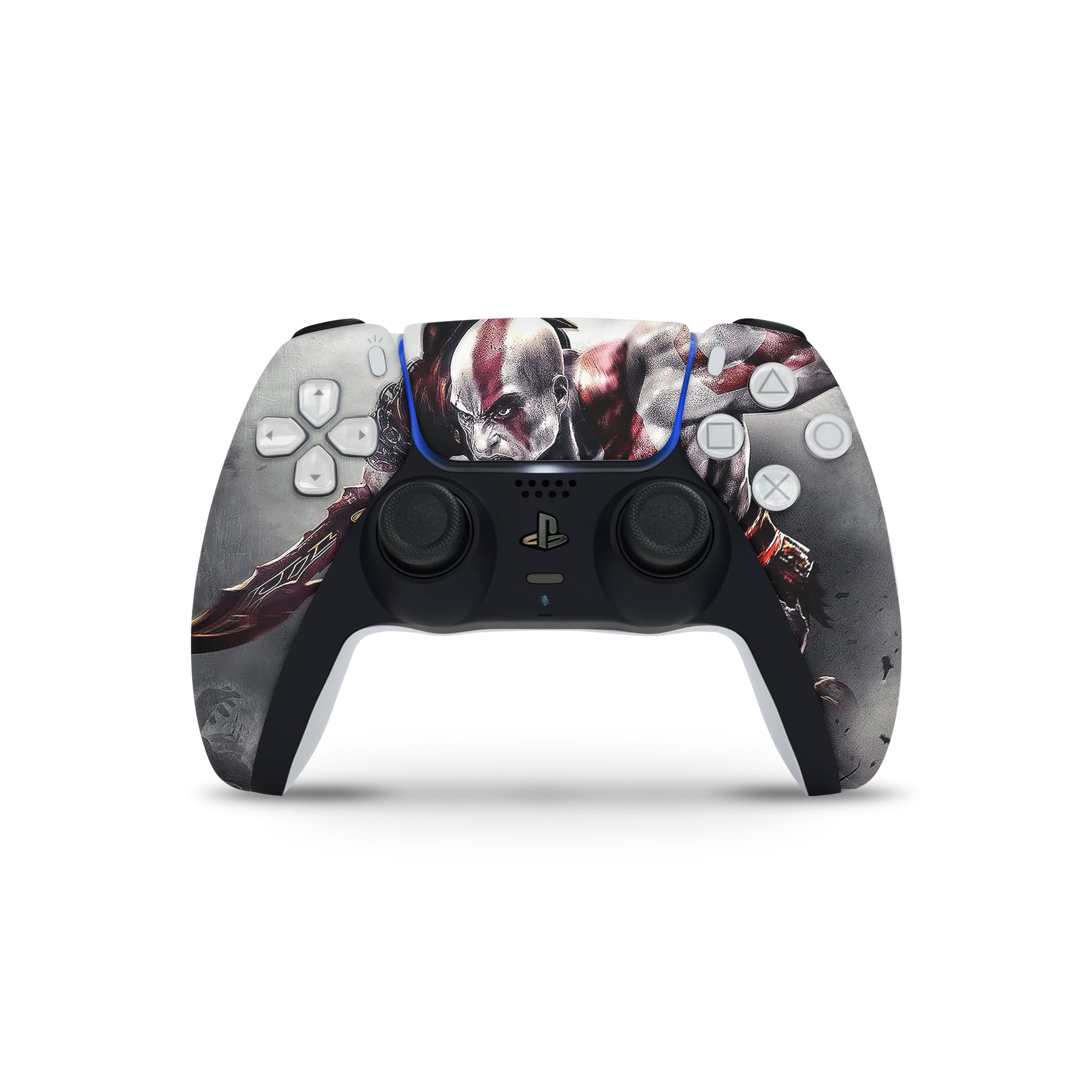 A video game skin featuring a God Of War Kratos Face design for the PS5 DualSense Controller.