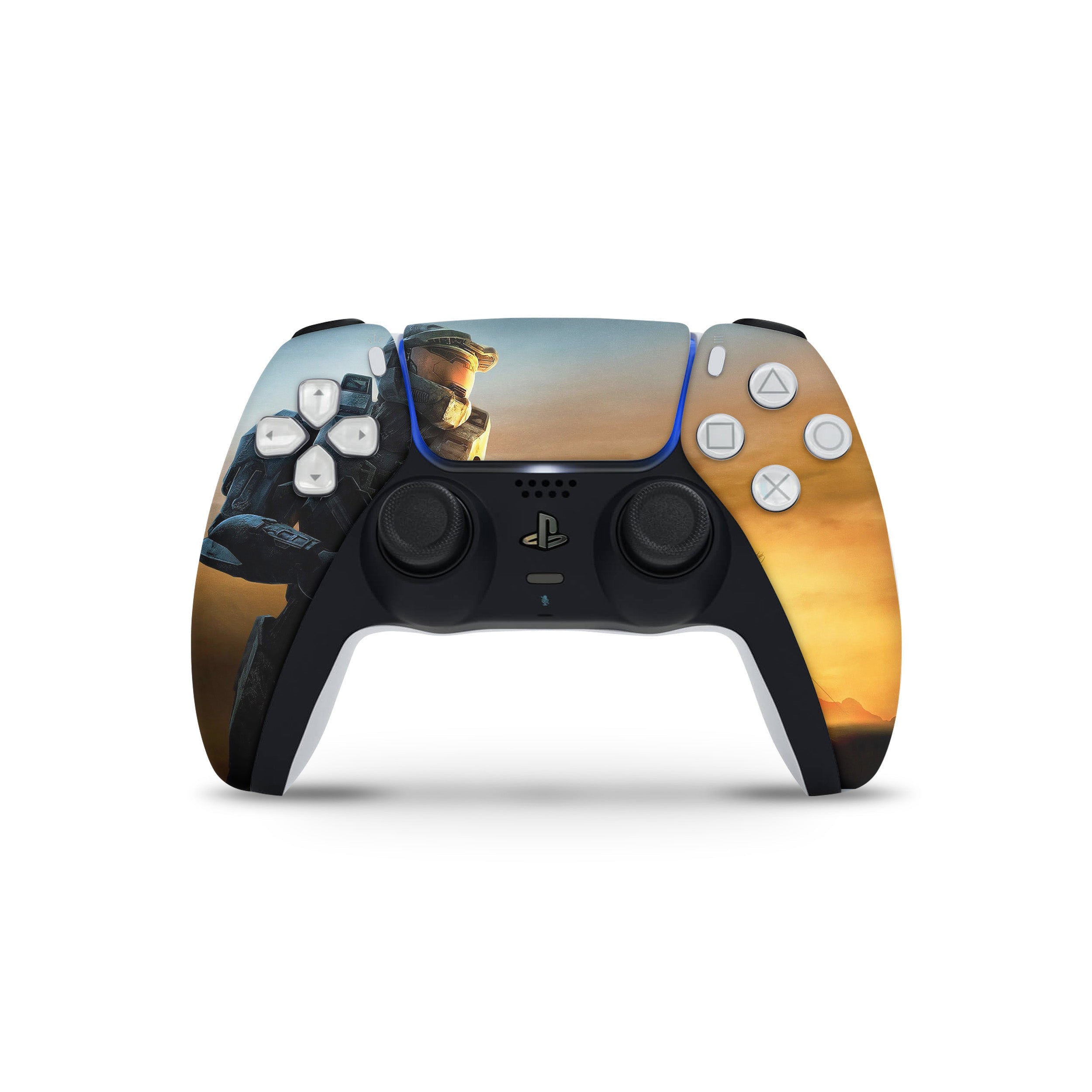 A video game skin featuring a Halo design for the PS5 DualSense Controller.
