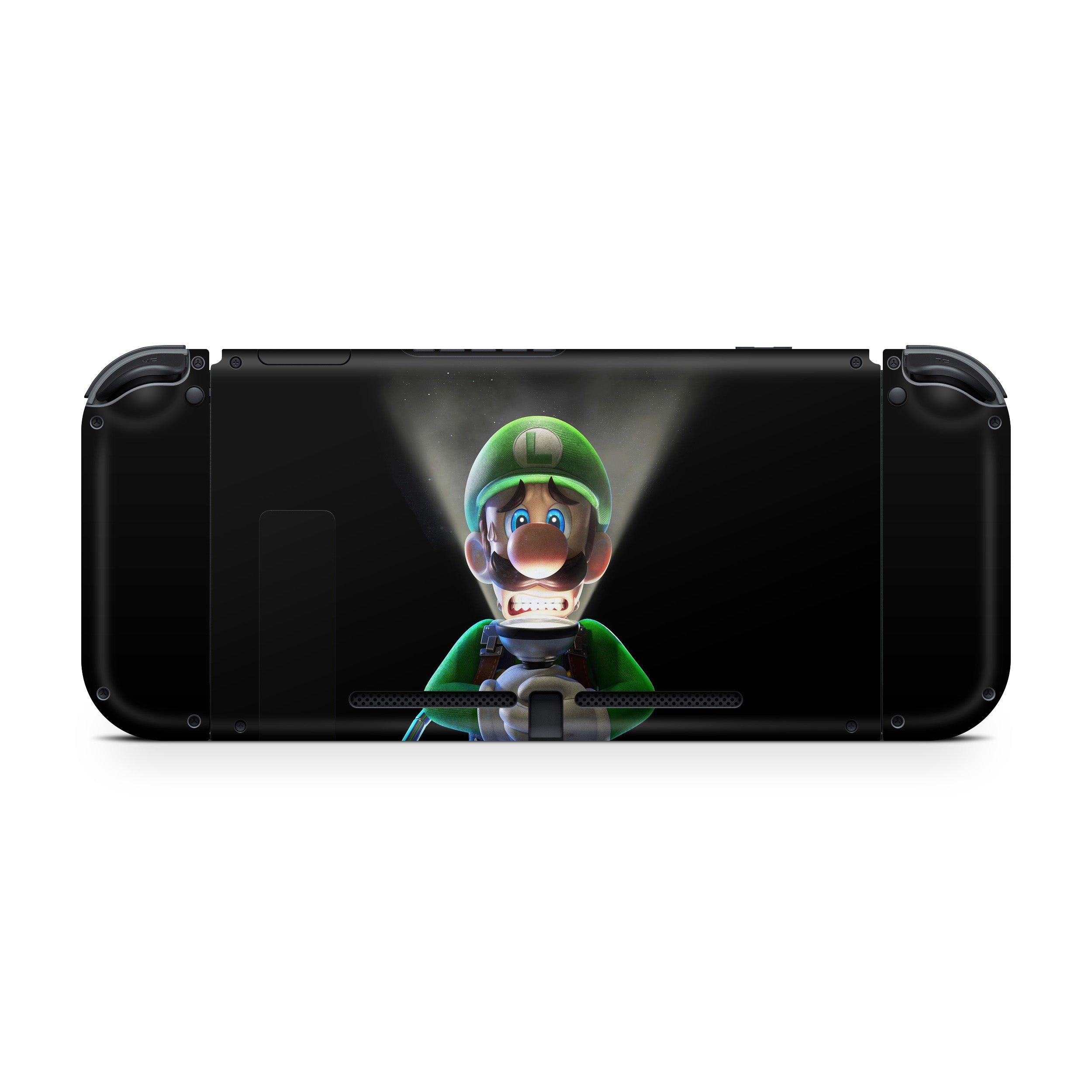 A video game skin featuring a Luigi design for the Nintendo Switch.