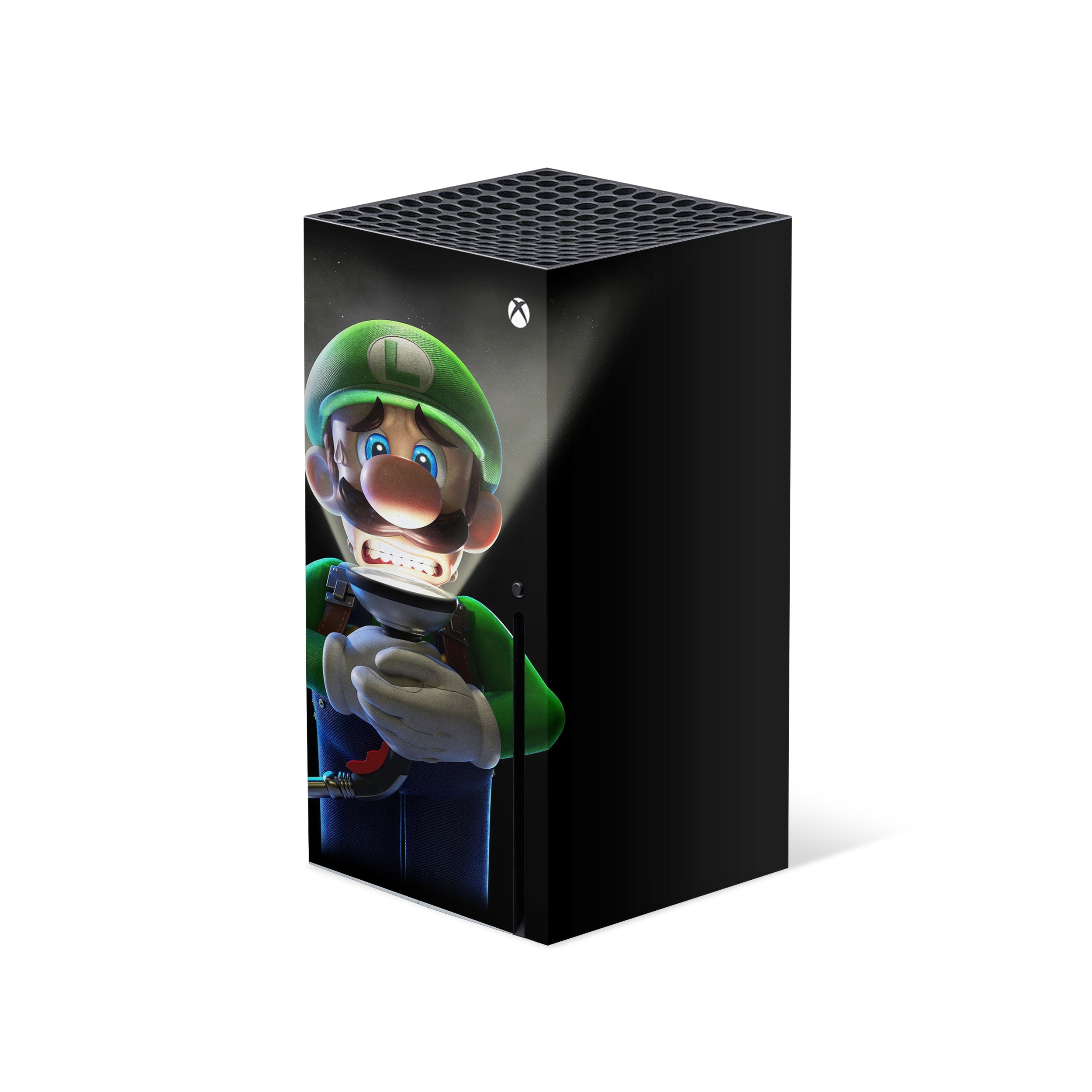 A video game skin featuring a Luigi design for the Xbox Series X.