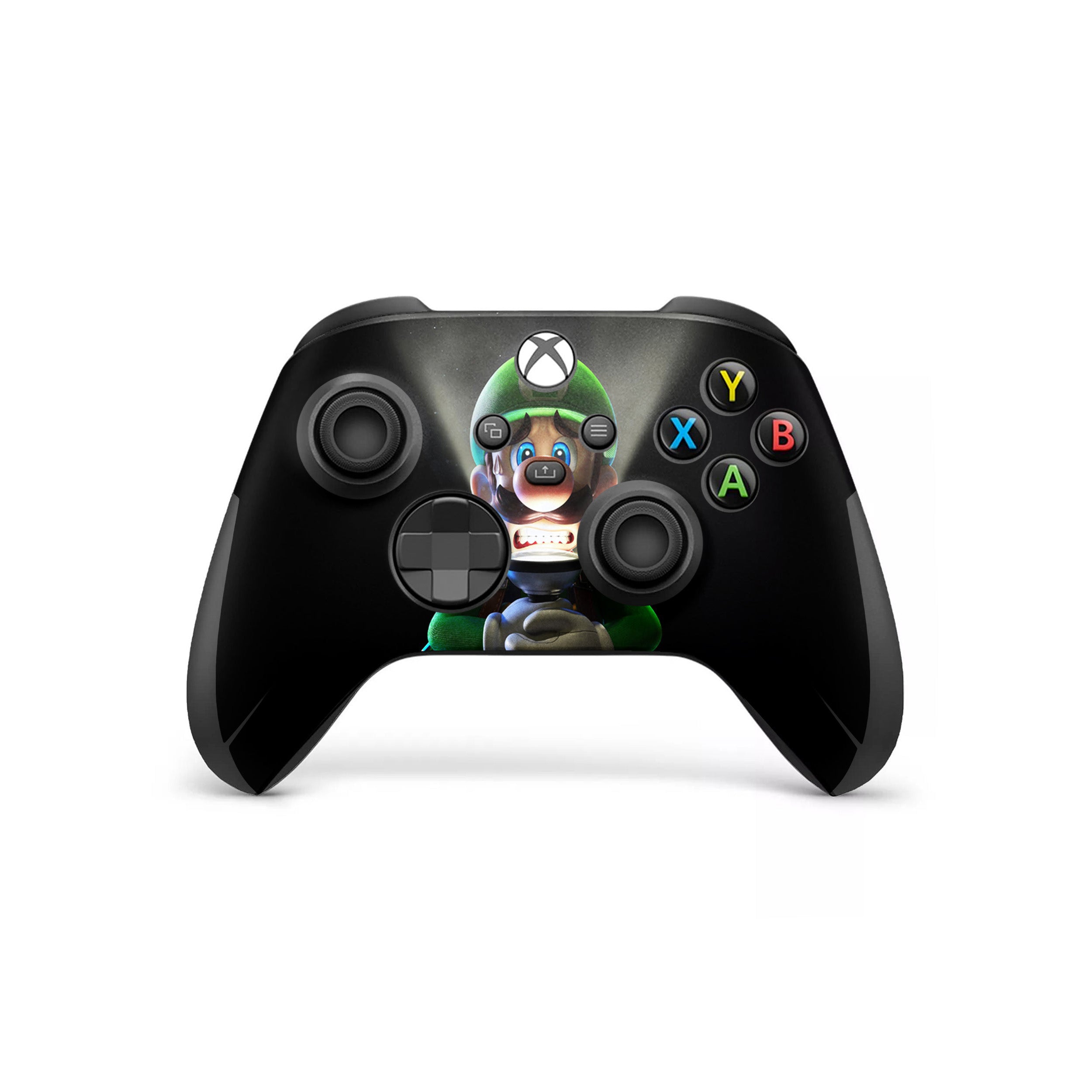 A video game skin featuring a Luigi design for the Xbox Wireless Controller.