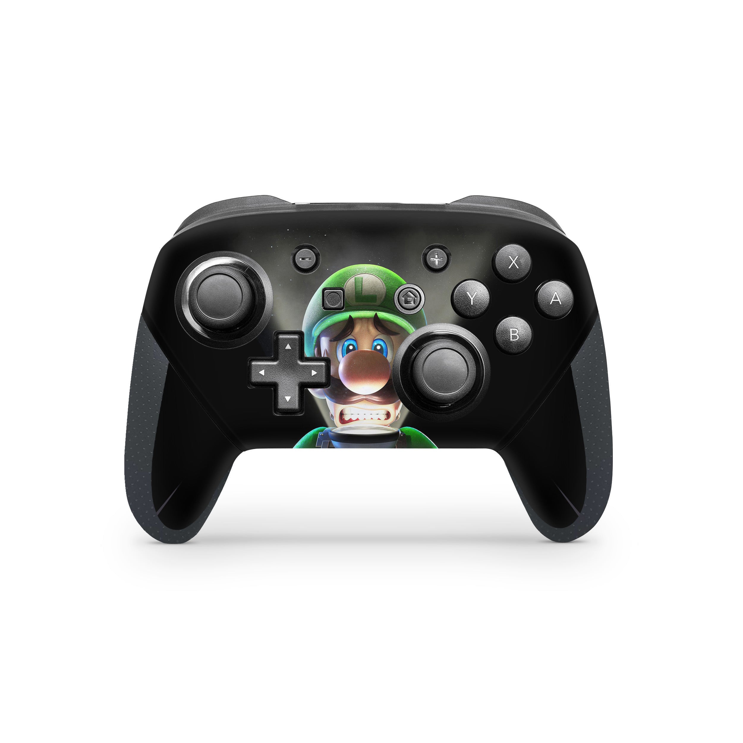 A video game skin featuring a Luigi design for the Switch Pro Controller.