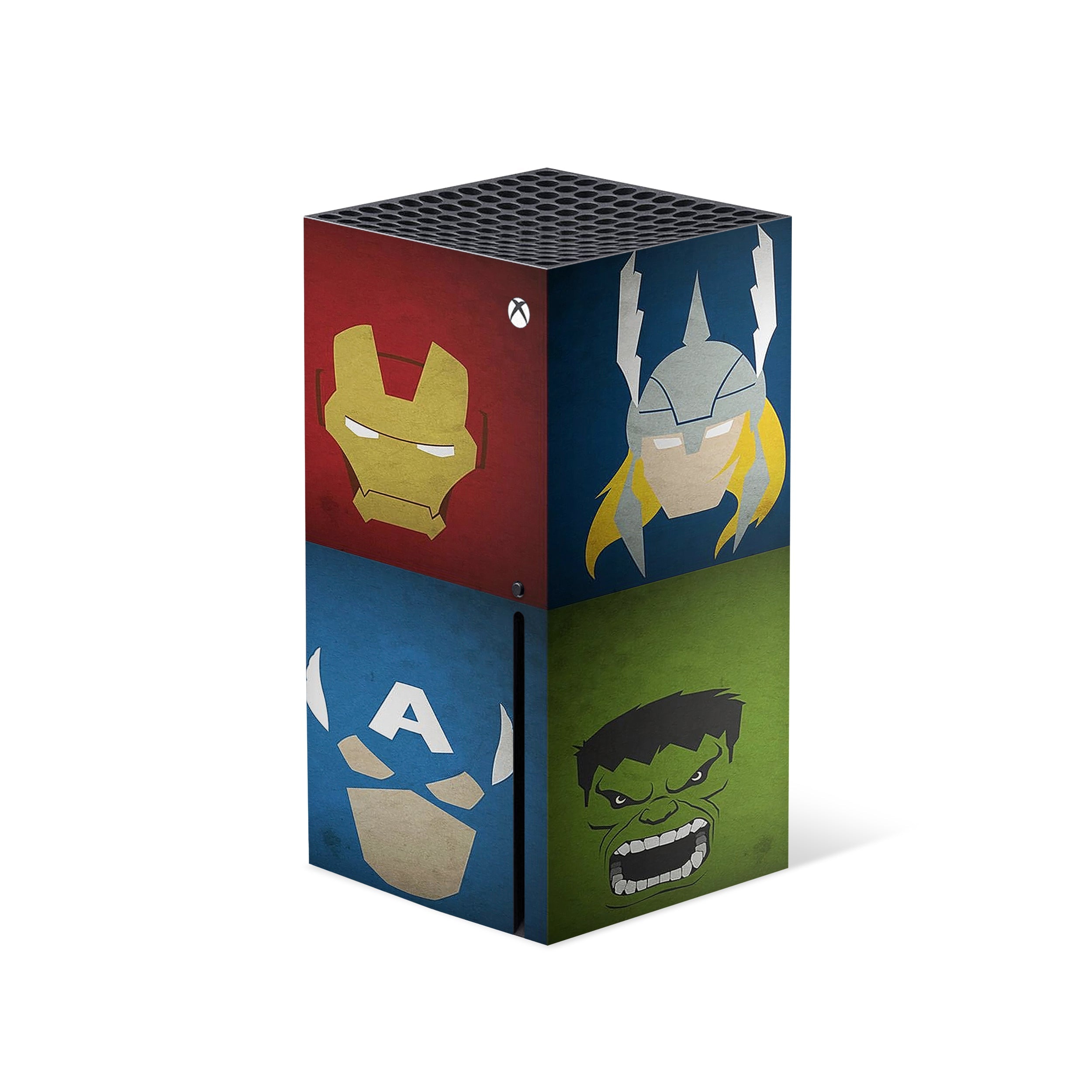 A video game skin featuring a Marvel Avengers design for the Xbox Series X.