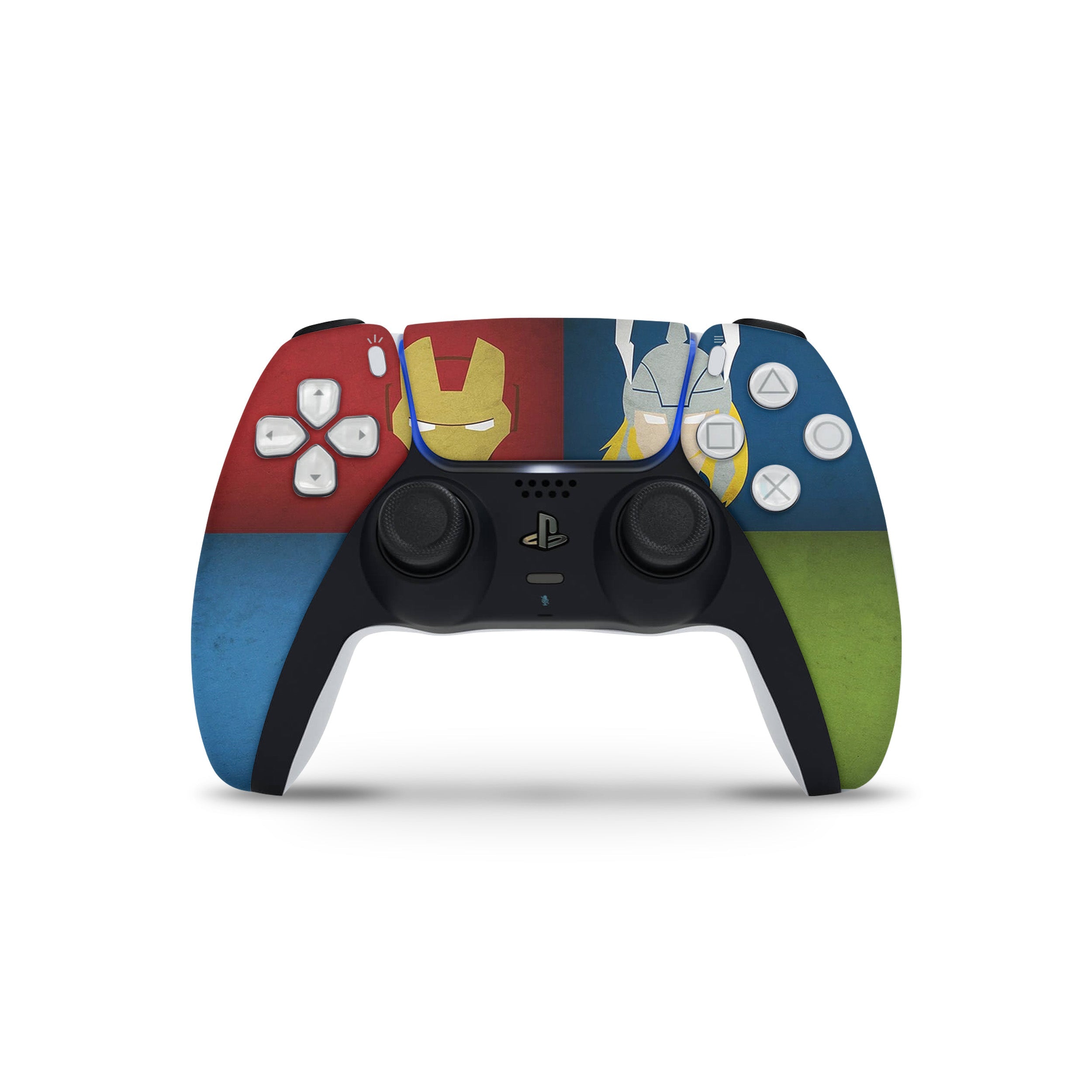 A video game skin featuring a Marvel Avengers design for the PS5 DualSense Controller.