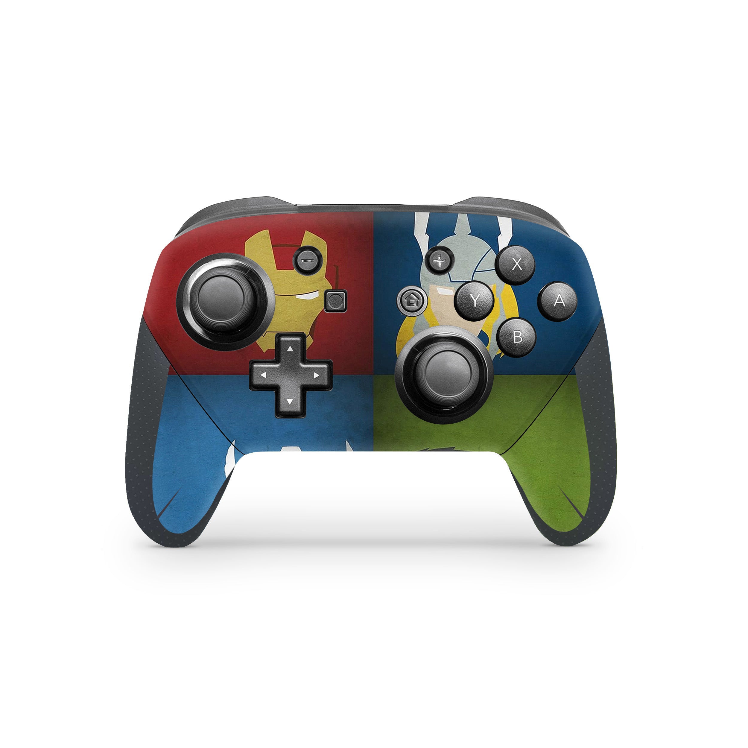 A video game skin featuring a Marvel Avengers design for the Switch Pro Controller.