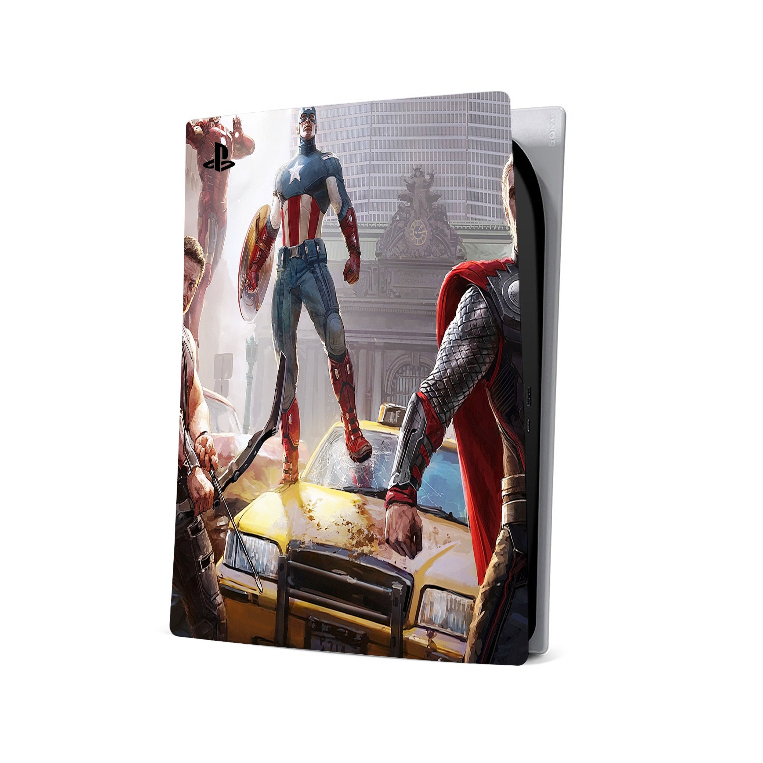 A video game skin featuring a Marvel Avengers design for the PS5.