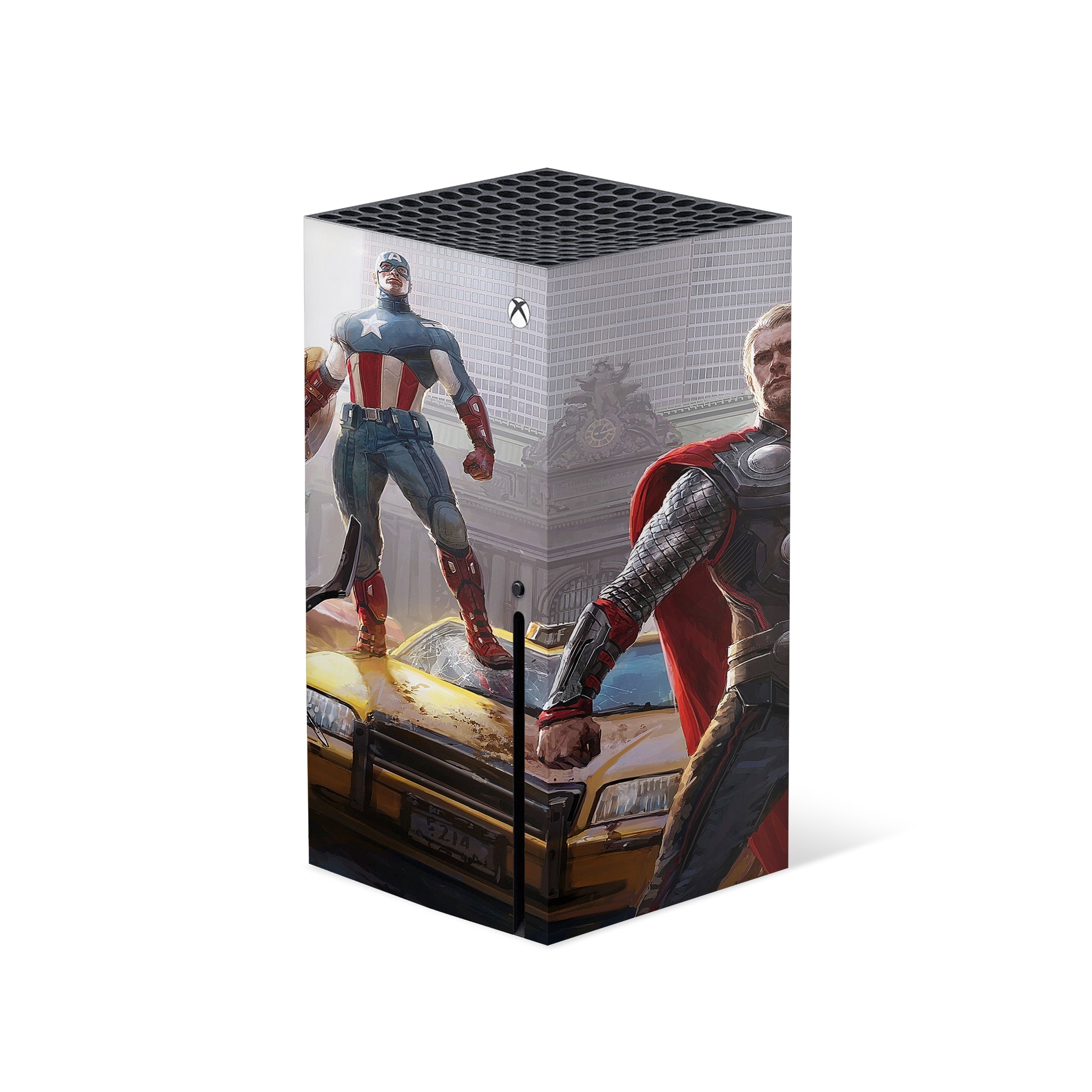 A video game skin featuring a Marvel Avengers design for the Xbox Series X.