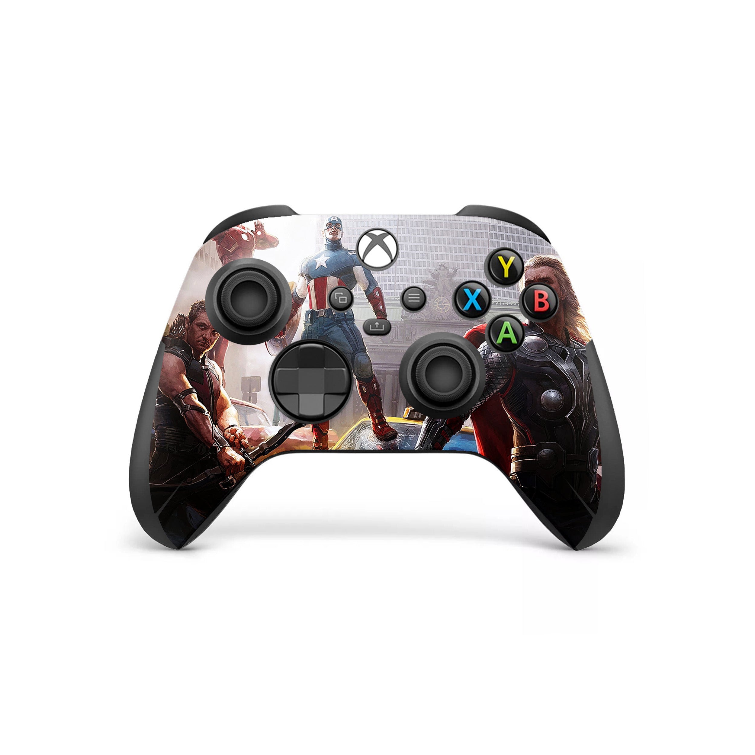 A video game skin featuring a Marvel Avengers design for the Xbox Wireless Controller.
