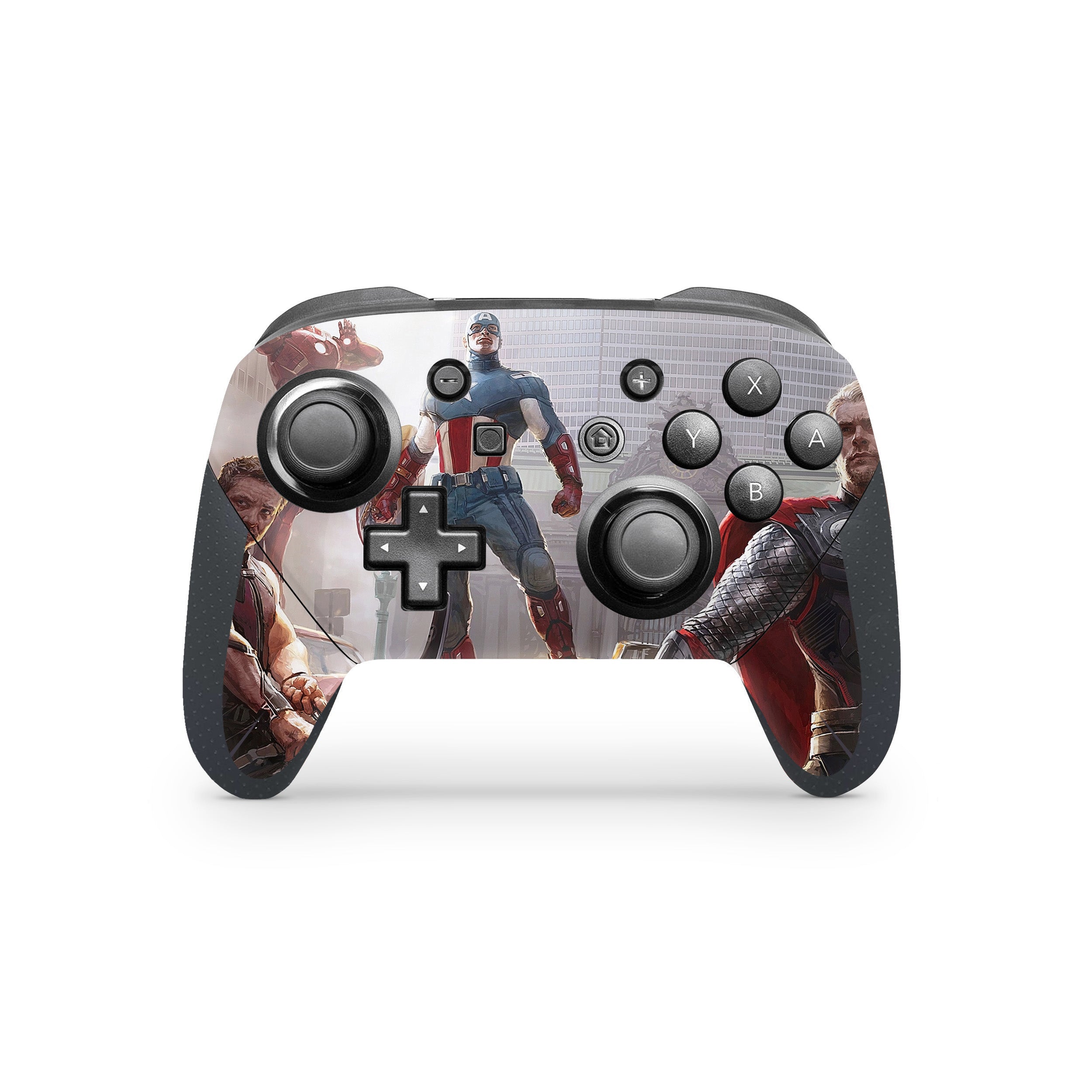 A video game skin featuring a Marvel Avengers design for the Switch Pro Controller.