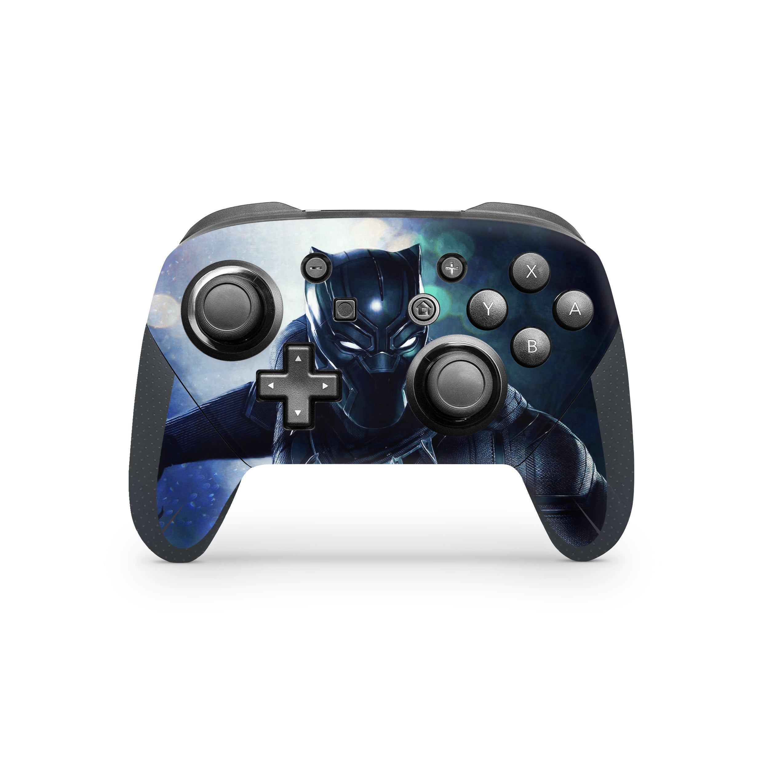 A video game skin featuring a Marvel Black Panther design for the Switch Pro Controller.