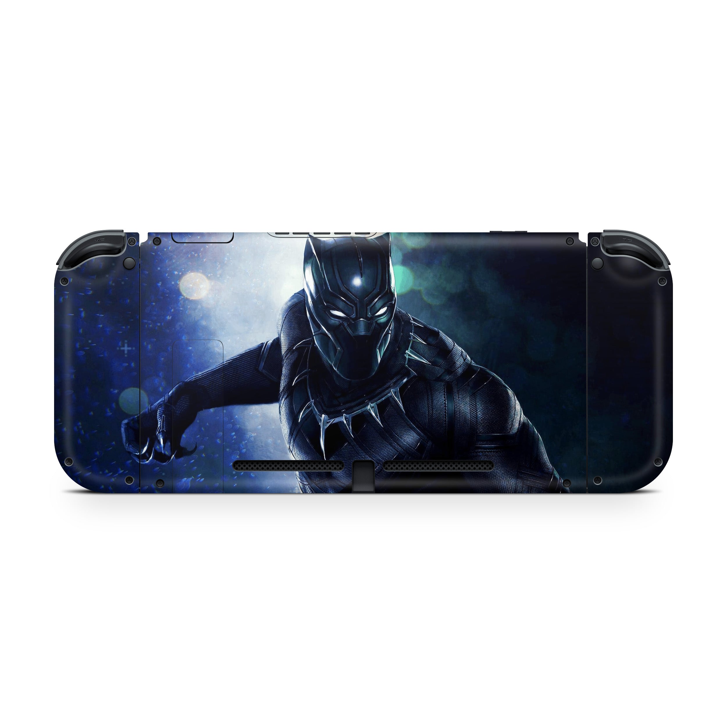 A video game skin featuring a Marvel Black Panther design for the Nintendo Switch.