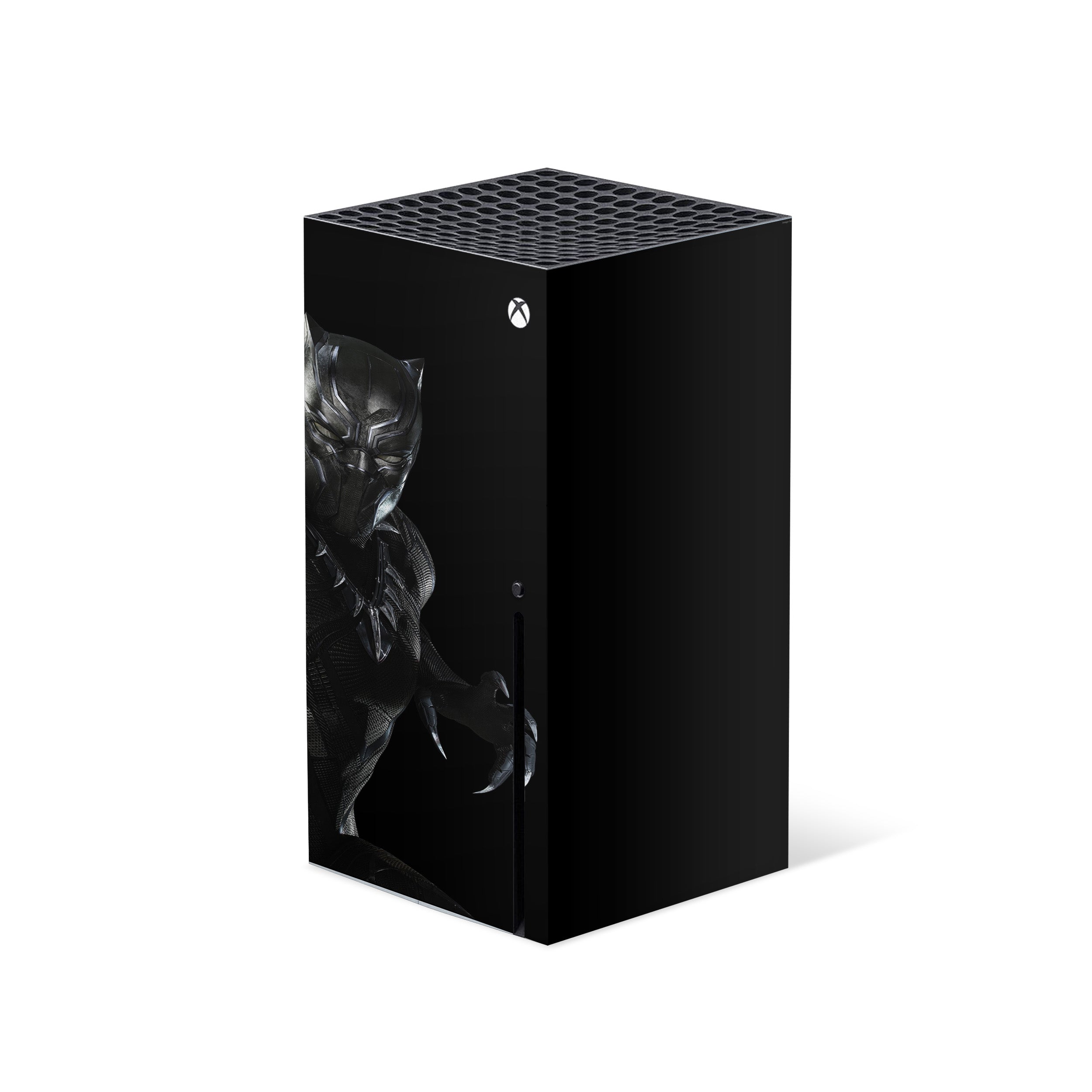A video game skin featuring a Marvel Black Panther design for the Xbox Series X.