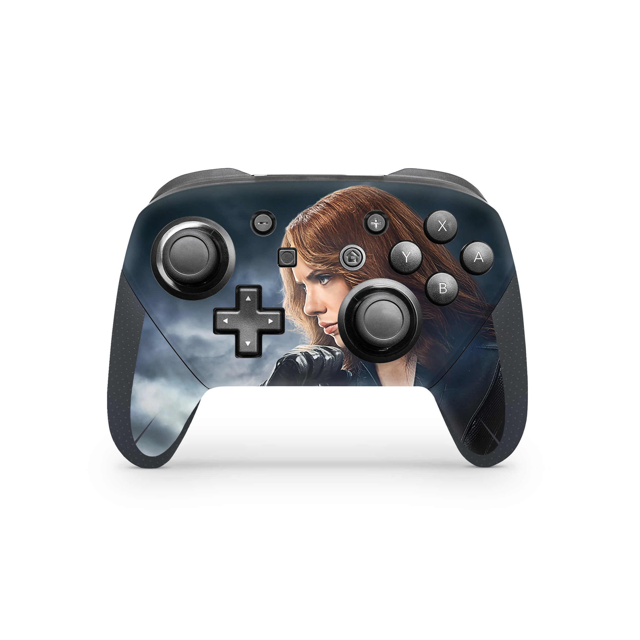 A video game skin featuring a Marvel Black Widow design for the Switch Pro Controller.