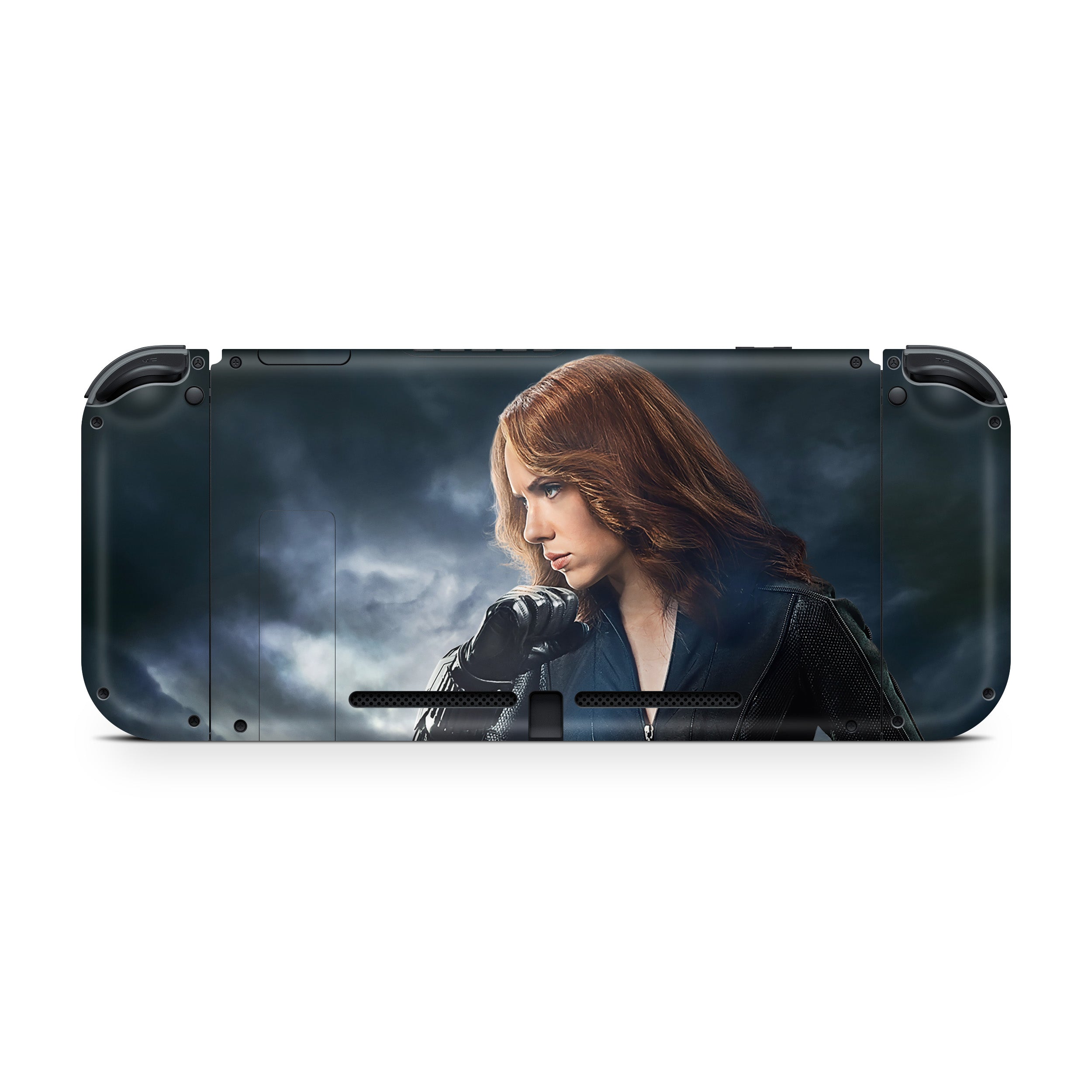 A video game skin featuring a Marvel Black Widow design for the Nintendo Switch.