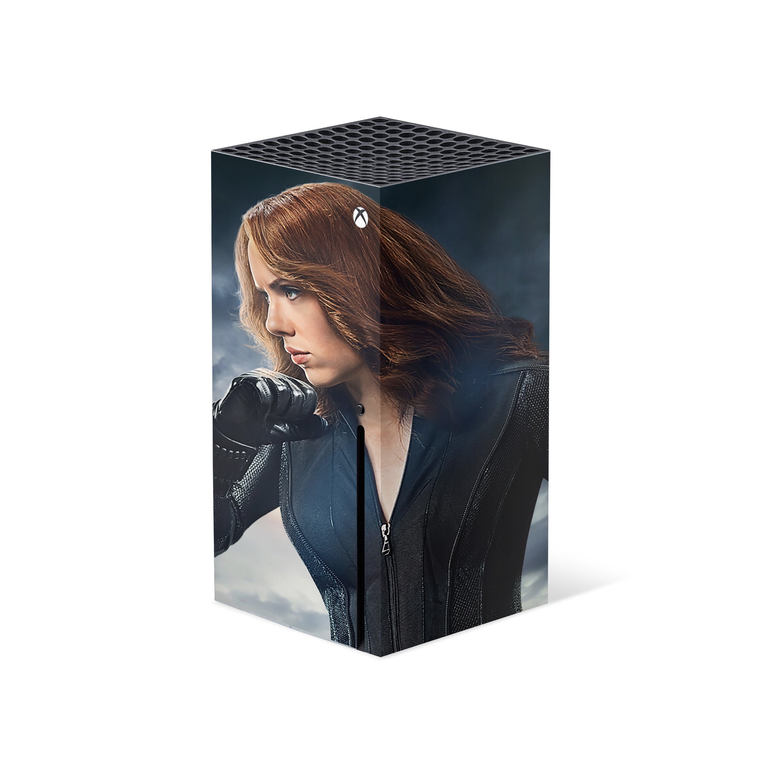 A video game skin featuring a Marvel Black Widow design for the Xbox Series X.