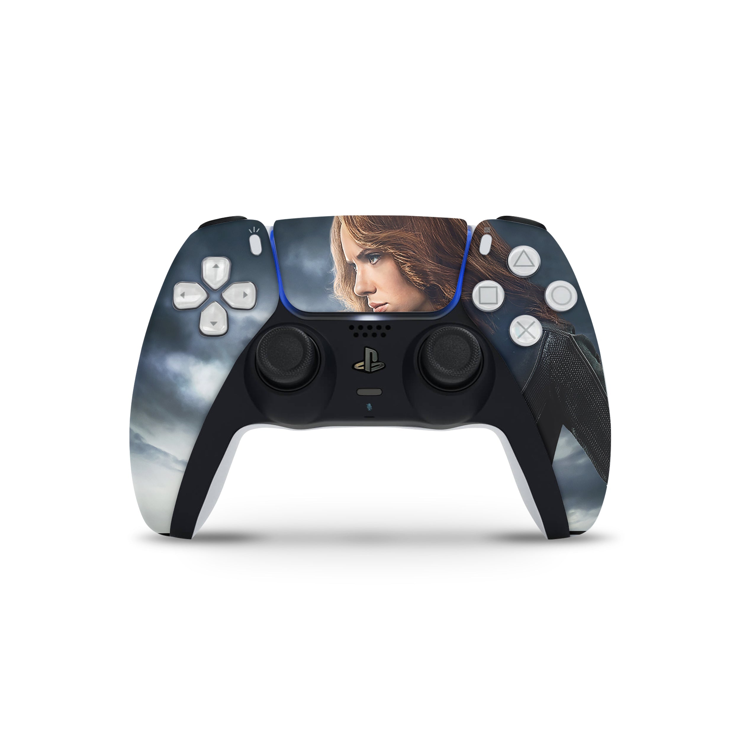 A video game skin featuring a Marvel Black Widow design for the PS5 DualSense Controller.