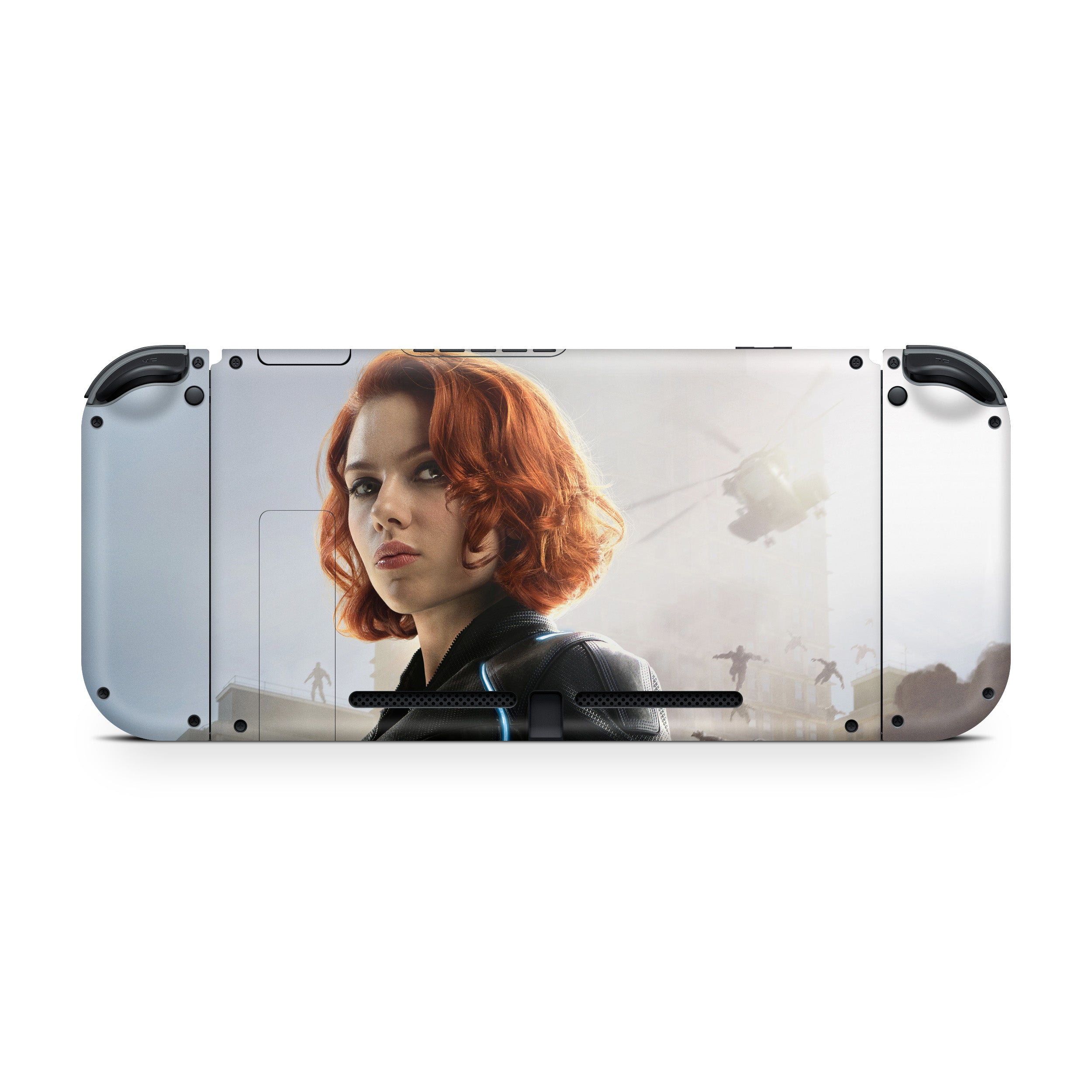 A video game skin featuring a Marvel Black Widow design for the Nintendo Switch.