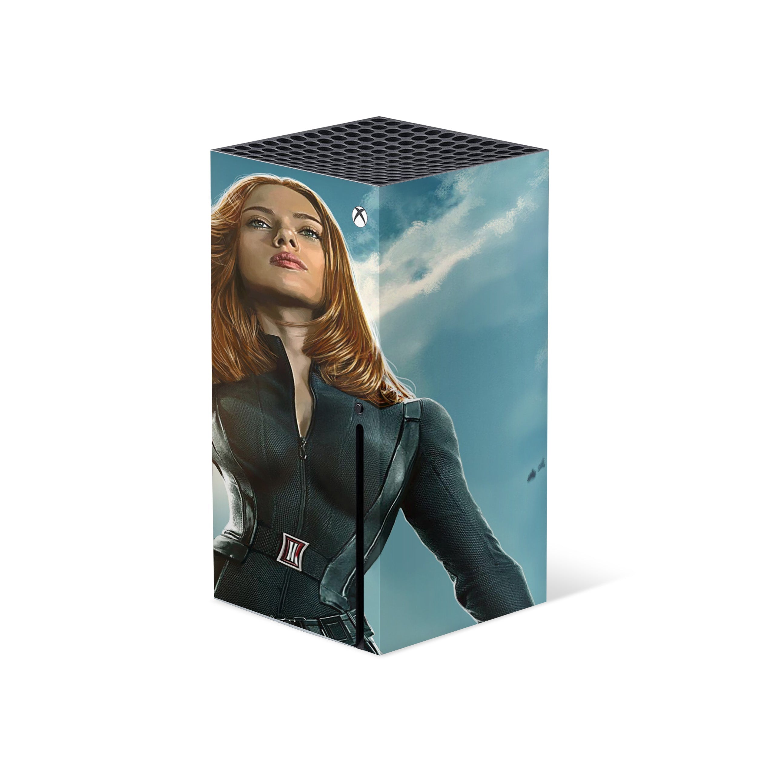 A video game skin featuring a Marvel Black Widow design for the Xbox Series X.