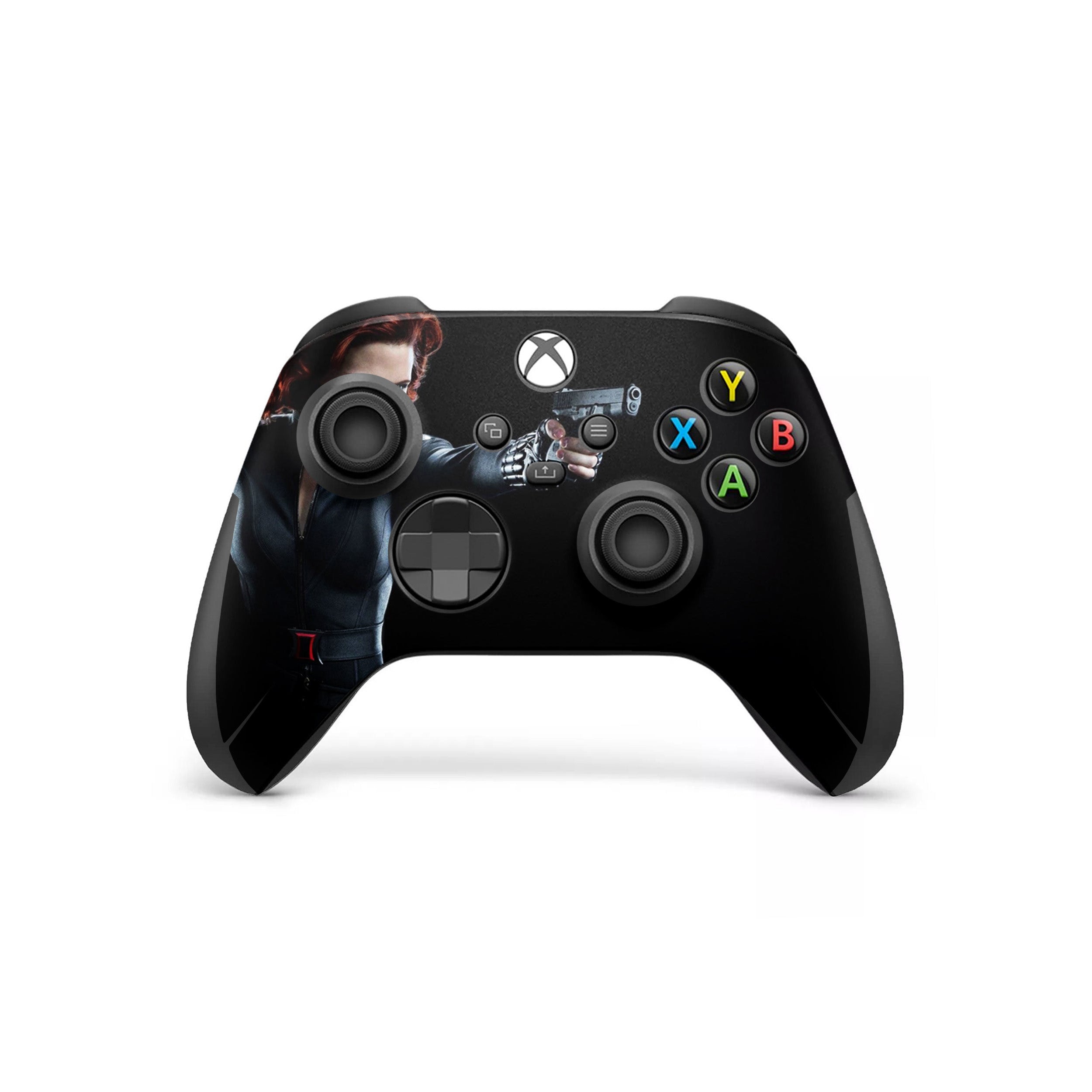 A video game skin featuring a Marvel Black Widow design for the Xbox Wireless Controller.