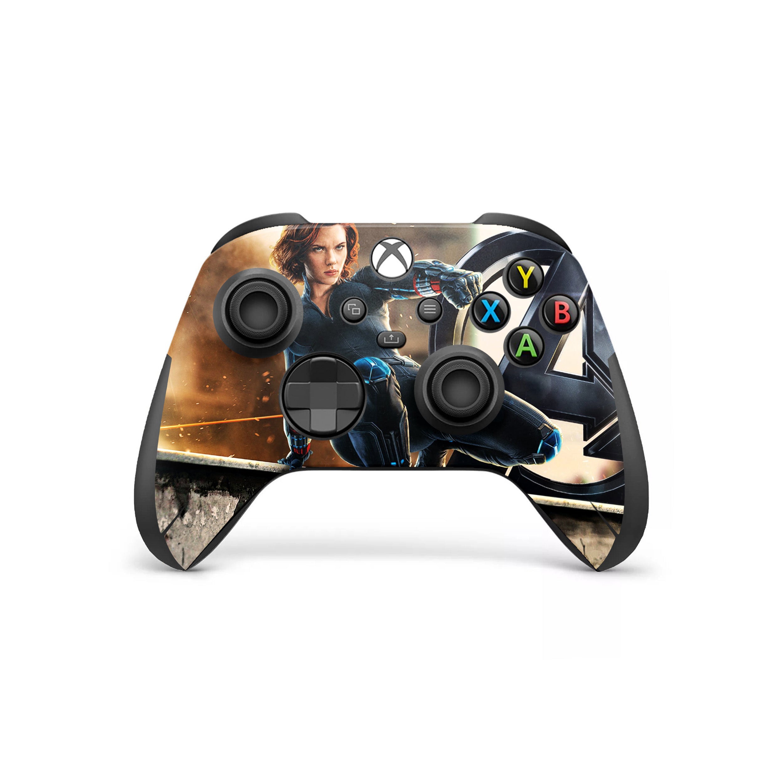 A video game skin featuring a Marvel Black Widow design for the Xbox Wireless Controller.