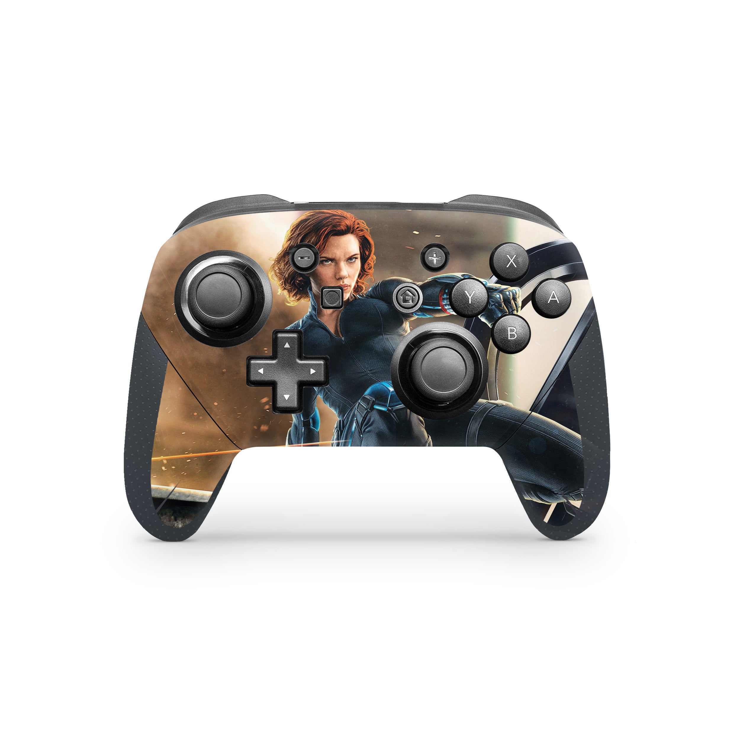 A video game skin featuring a Marvel Black Widow design for the Switch Pro Controller.