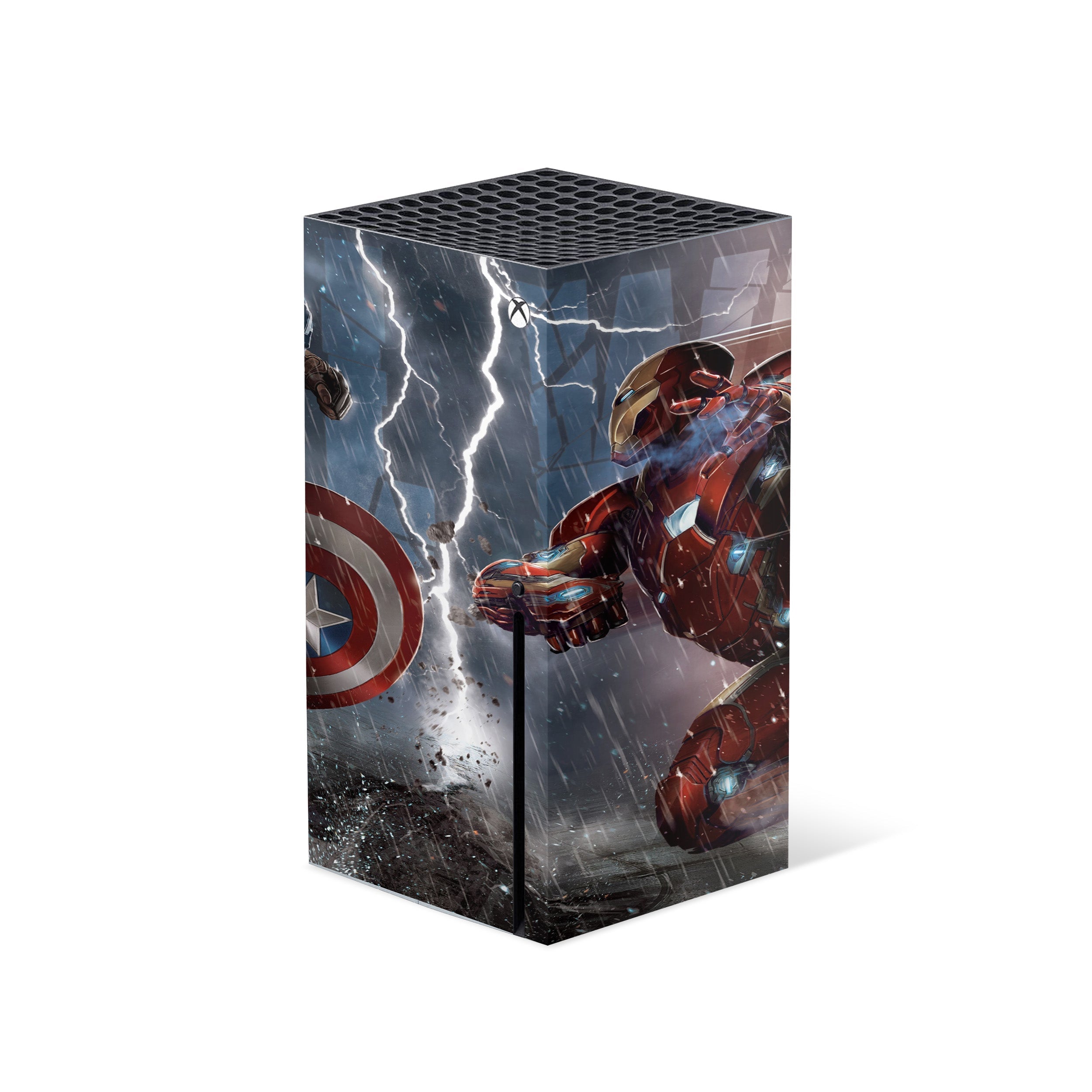 A video game skin featuring a Marvel Captain America design for the Xbox Series X.