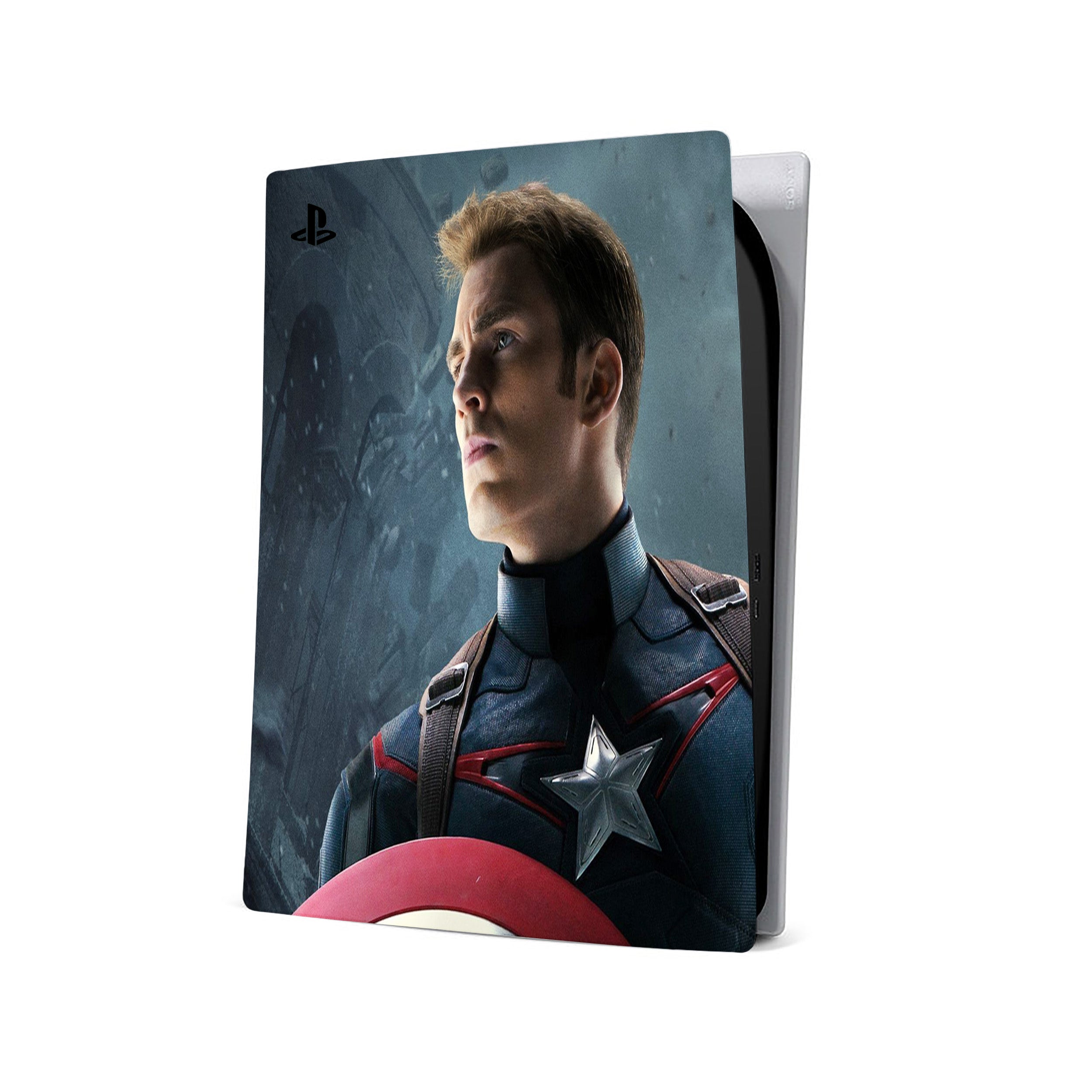 A video game skin featuring a Marvel Captain America design for the PS5.