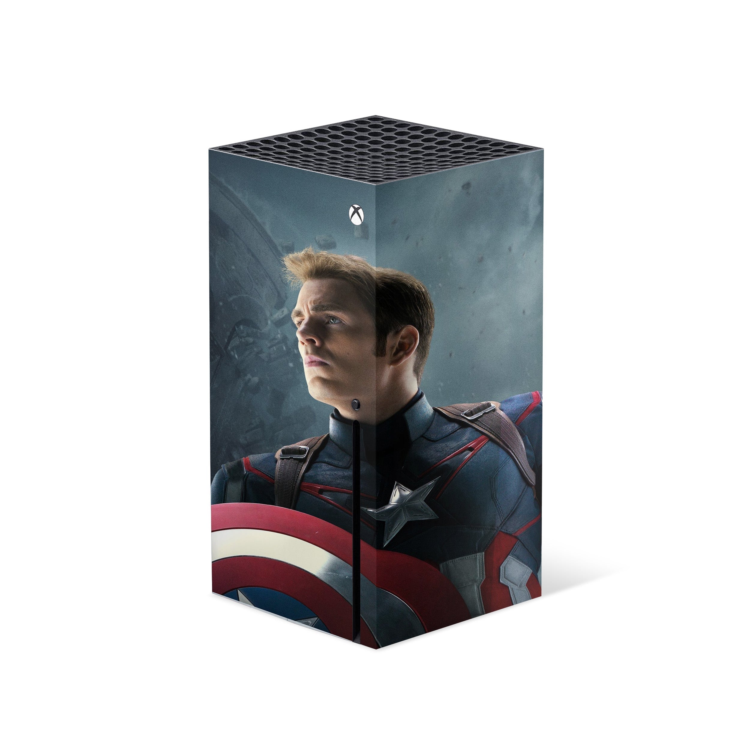 A video game skin featuring a Marvel Captain America design for the Xbox Series X.