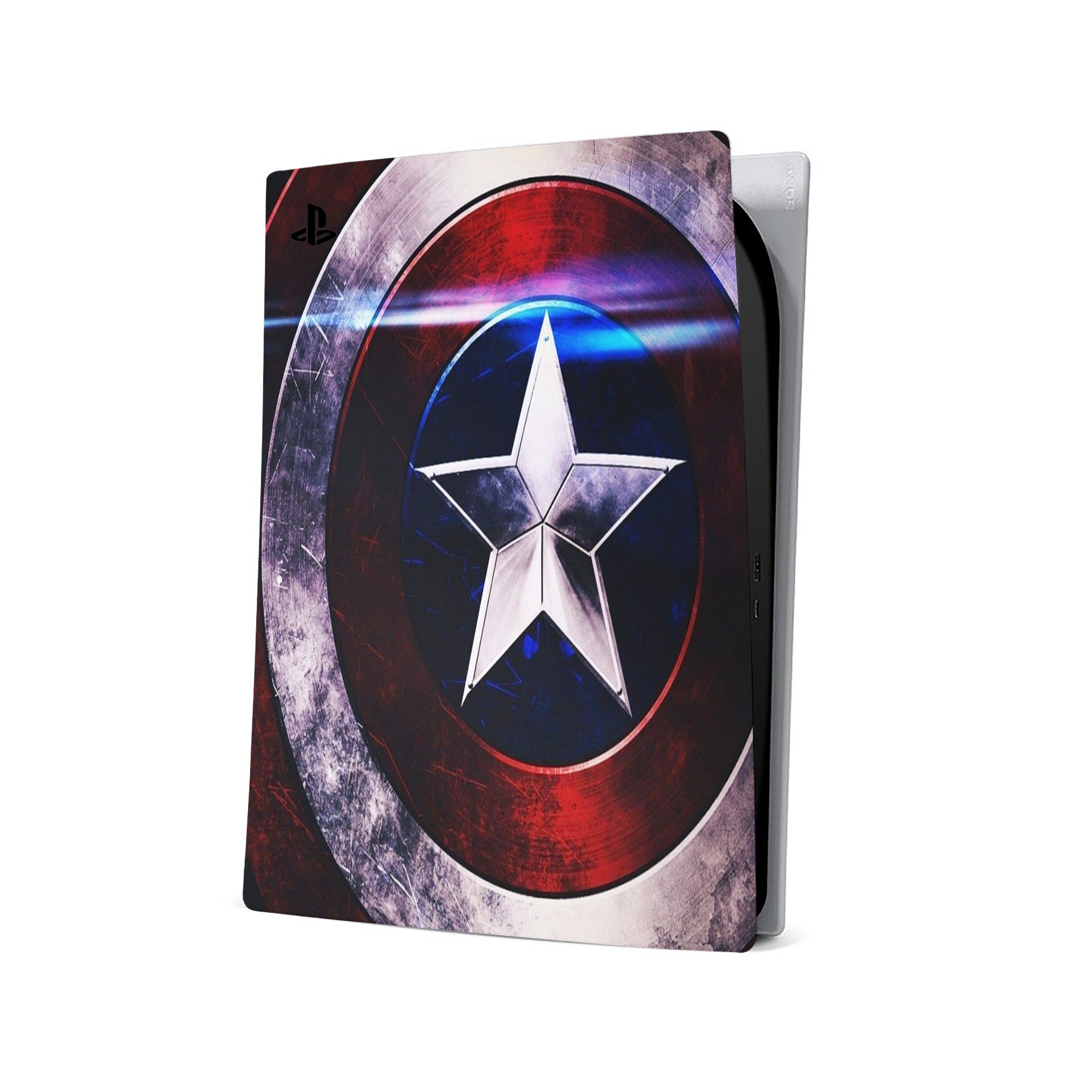 A video game skin featuring a Marvel Captain America design for the PS5.