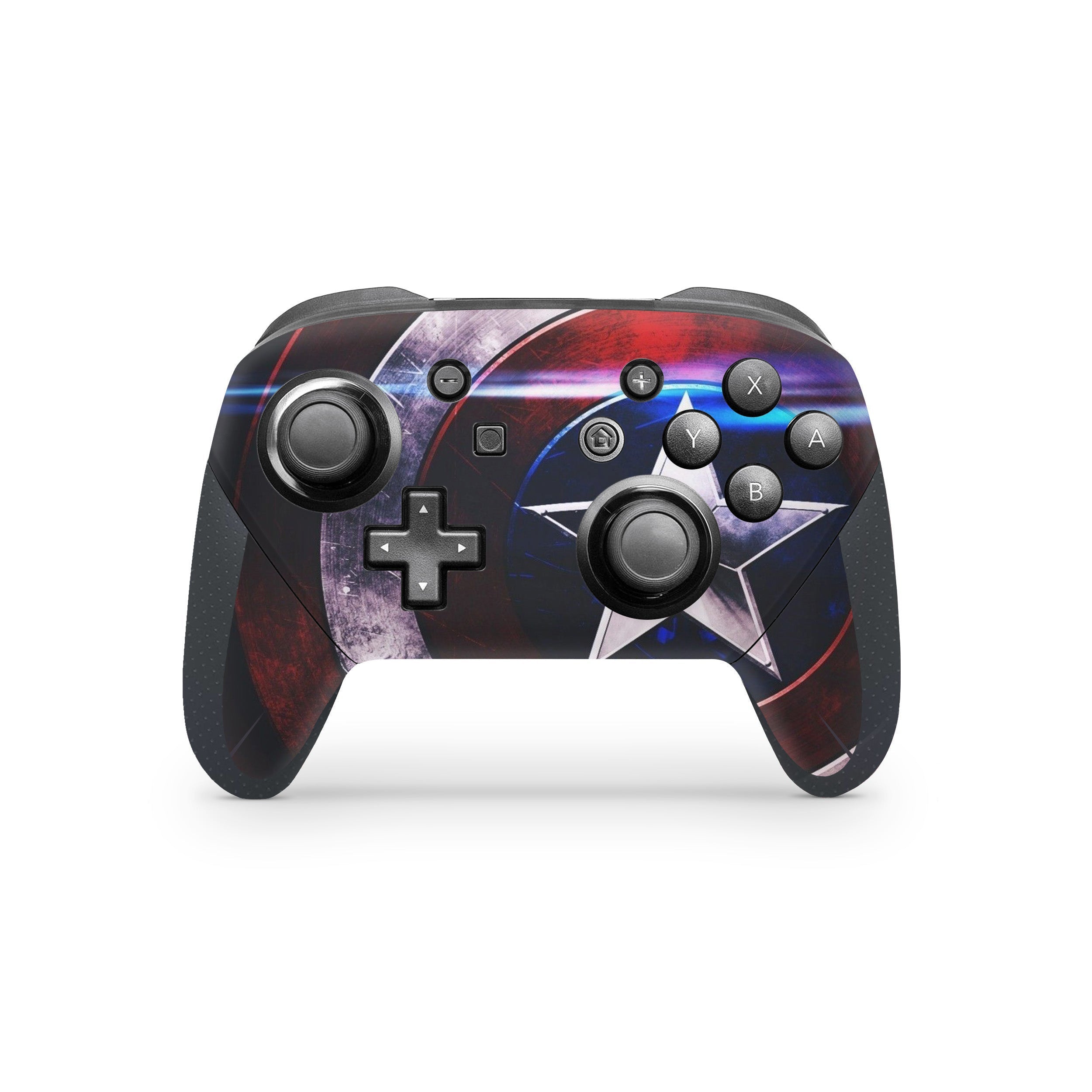 A video game skin featuring a Marvel Captain America design for the Switch Pro Controller.