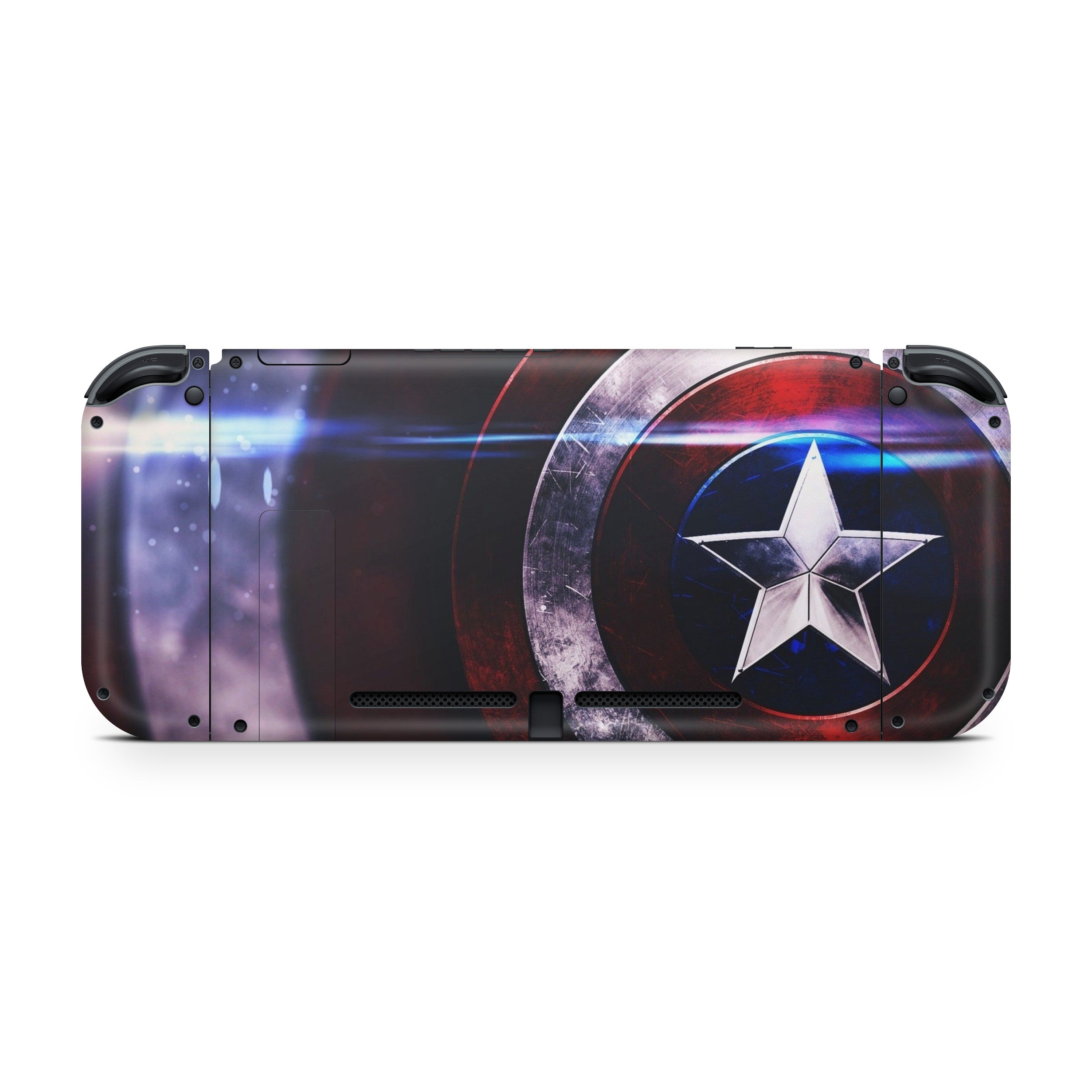 A video game skin featuring a Marvel Captain America design for the Nintendo Switch.