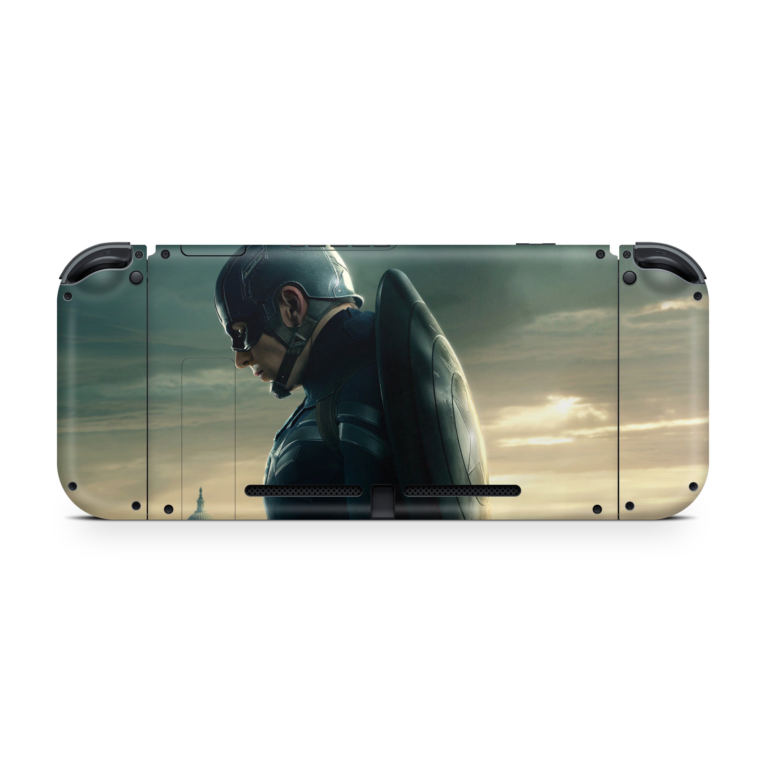 A video game skin featuring a Marvel Captain America design for the Nintendo Switch.