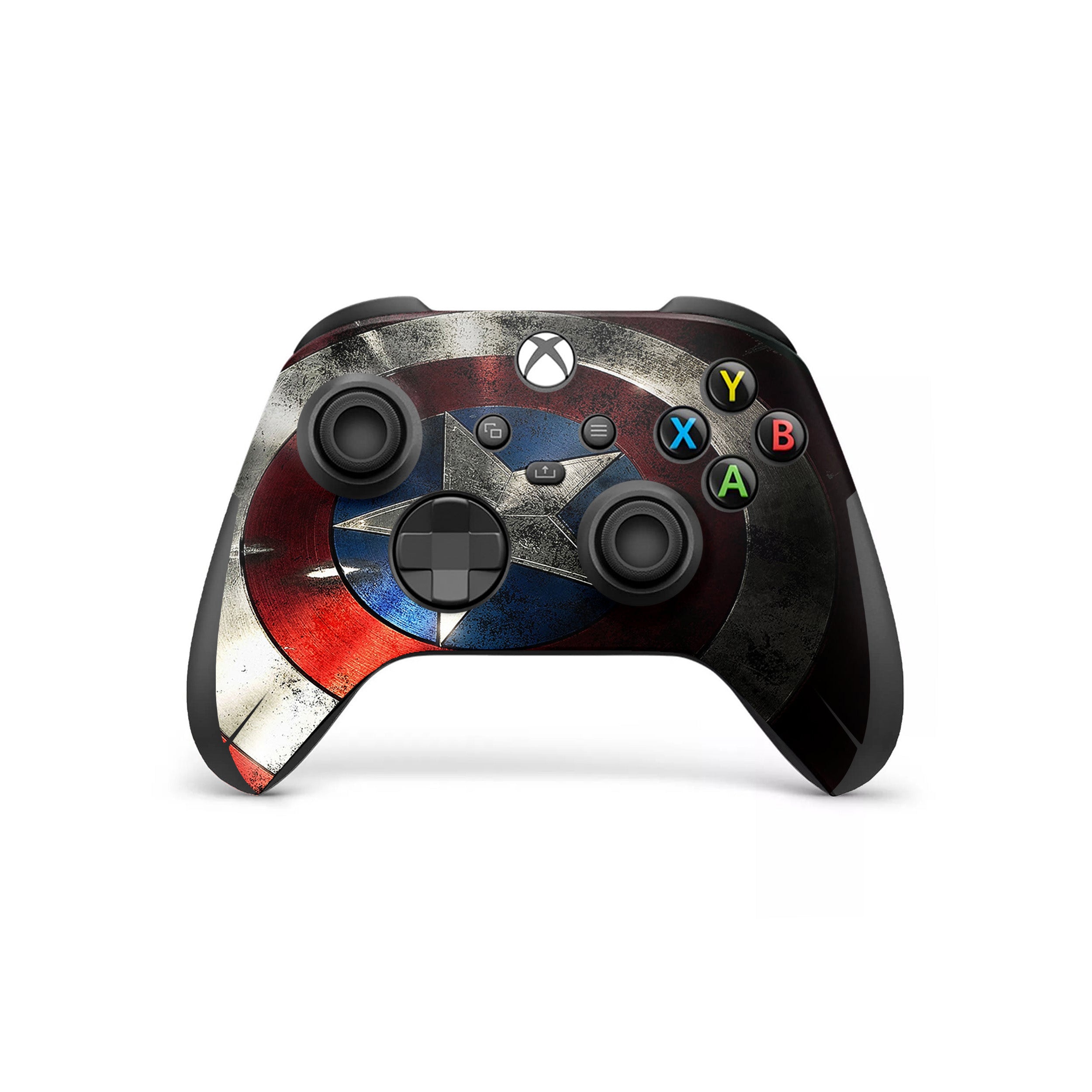 A video game skin featuring a Marvel Captain America design for the Xbox Wireless Controller.