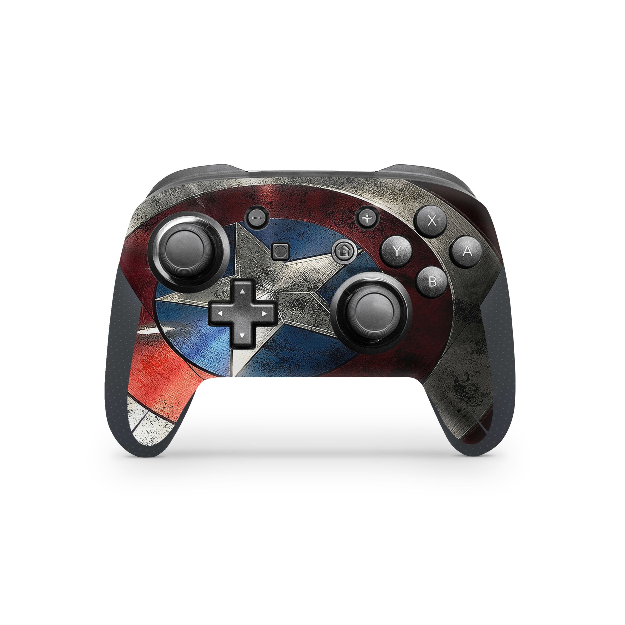 A video game skin featuring a Marvel Captain America design for the Switch Pro Controller.