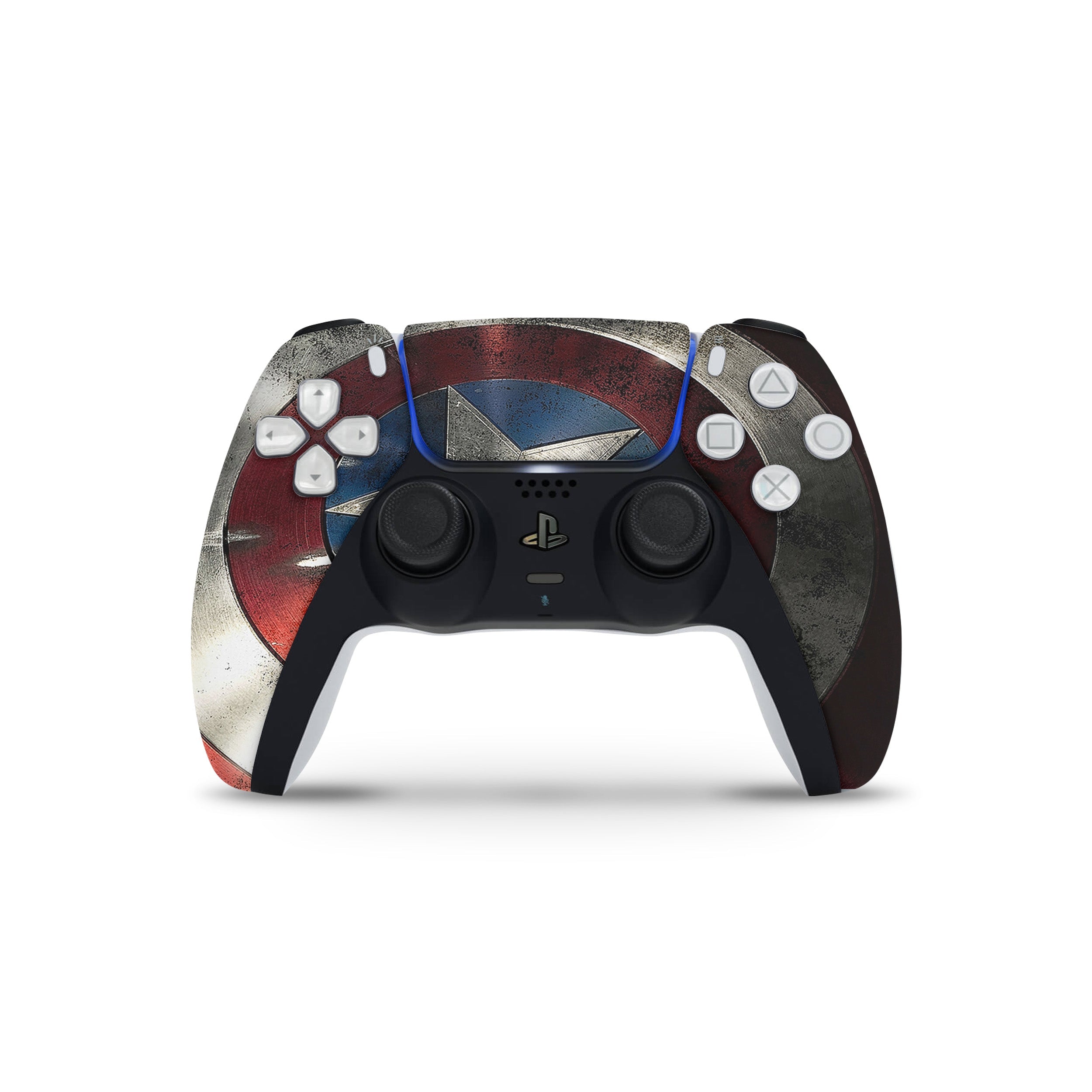 A video game skin featuring a Marvel Captain America design for the PS5 DualSense Controller.